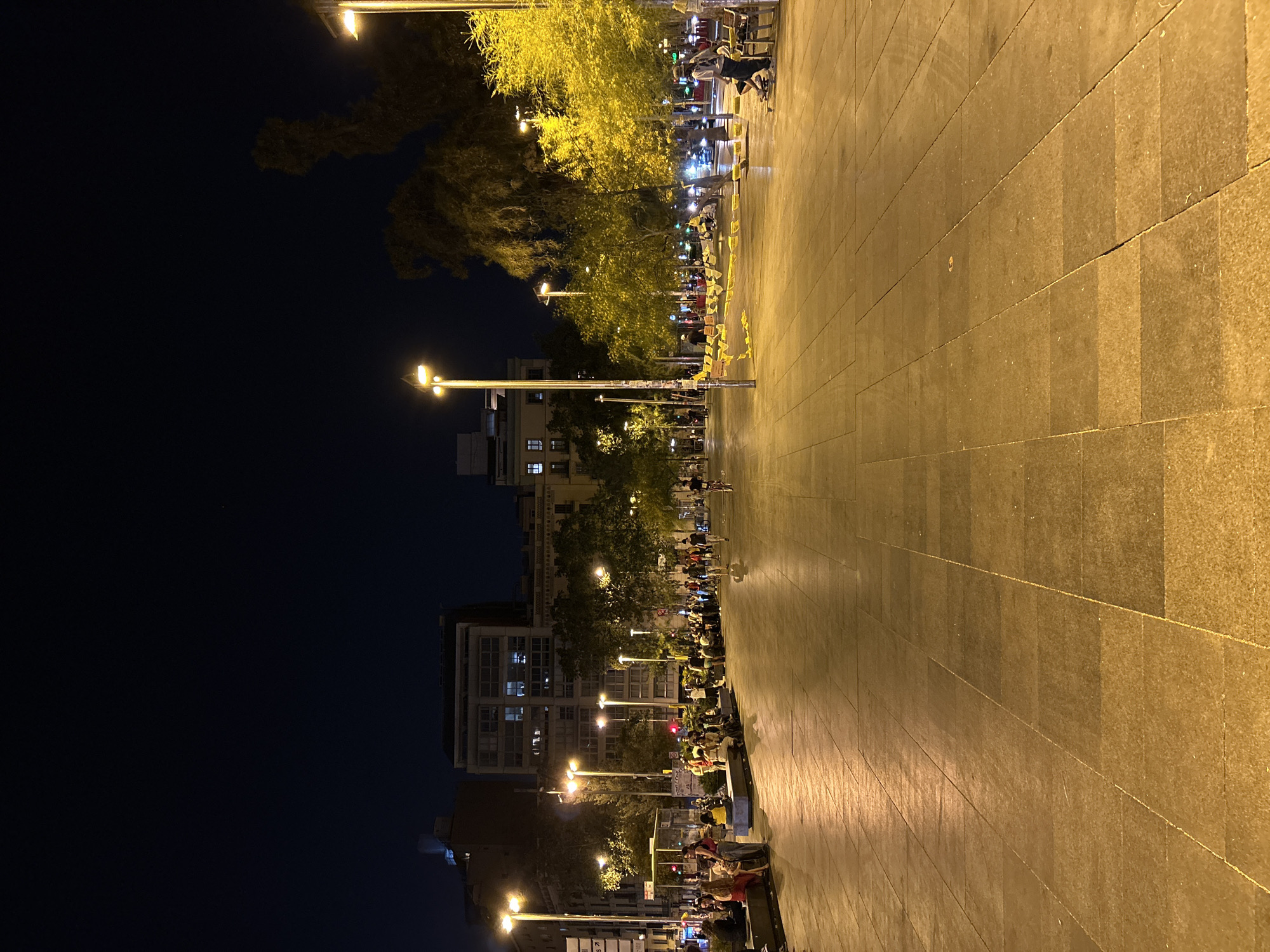 This is a nighttime photograph of a wide, paved public plaza in Barcelona, Spain, likely in an urban setting with buildings lining the background. The plaza is illuminated by numerous streetlights and lights from the surrounding buildings, casting a warm, yellowish glow on the scene.
In the foreground, the plaza is paved with large, rectangular stone tiles. The lighting creates reflections on the wet or polished surface, highlighting the grid pattern of the tiles.
To the left, a group of people are seated on benches and low walls, engaged in conversation and socializing. Some individuals are standing. Further back, more people are walking or standing in small groups along the plaza.
A line of trees with dense foliage runs along the right side of the plaza, also illuminated by streetlights, creating a vibrant yellow canopy. Some of these trees appear to be of a substantial size.
In the background, several multi-story buildings are visible. Some of these buildings have illuminated windows, suggesting they are residential or commercial spaces. The architecture appears to be modern or contemporary.
Streetlights, characterized by their tall poles and distinct light fixtures, are strategically placed throughout the plaza, contributing to the overall illumination. There are also some poles with signs and possibly information displays.
The overall atmosphere appears lively and active, with people enjoying the evening in a well-lit urban public space. The presence of trees and the scale of the plaza suggest it could be a significant gathering point or thoroughfare in the city.