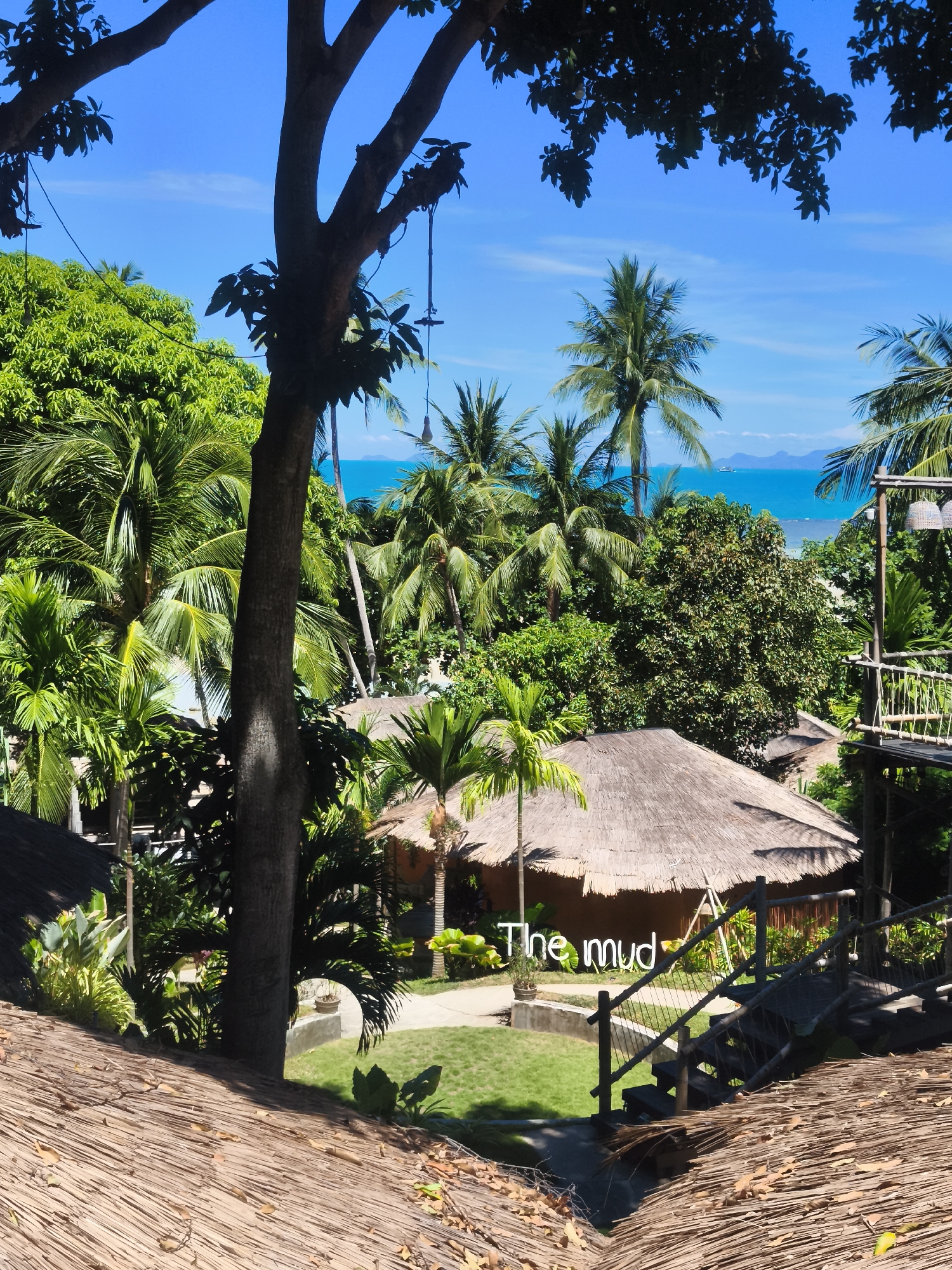 The image depicts a tropical scene, likely in Baan Thong Po, Thailand. The setting is lush and green, dominated by abundant palm trees and other vibrant foliage. In the foreground, a thatched roof, possibly part of a resort or bungalow, is visible. Beyond this, several circular thatched-roof structures are nestled amongst the trees, suggesting a complex of accommodations or a village.
A prominent detail is the text "The mud" rendered in white, stylized lettering, placed near one of the thatched buildings and a wooden staircase. The staircase, constructed from dark wood and bamboo, leads upwards to a viewing platform or another level, offering a glimpse of the surrounding greenery.
The background reveals a bright, clear blue sky and a tranquil turquoise sea, with distant islands or landmasses visible on the horizon. The presence of a ship on the water indicates maritime activity. The lighting suggests it is daytime, with the sun casting shadows and highlighting the textures of the thatch and leaves. The overall atmosphere is one of relaxation and tropical paradise. There are no people visible in the image, and the focus is on the natural beauty and the unique architecture of the location.