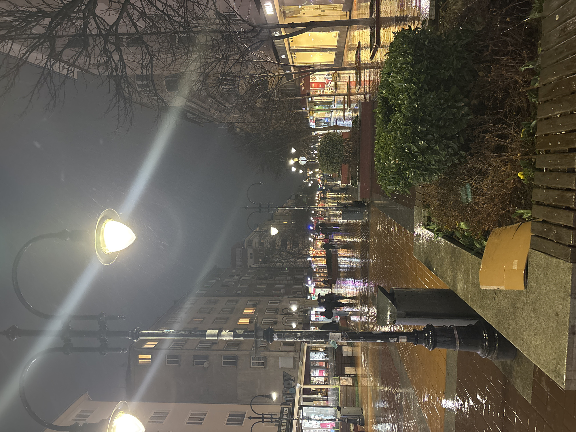 The image captures a rainy night scene on a pedestrian street in Sofia, Bulgaria. The wet pavement reflects the city lights, creating shimmering reflections. Street lamps line the avenue, their warm light illuminating the path and causing flares in the image. Buildings of varying heights are visible on both sides of the street. Some have lit windows, while others appear dark. Trees with bare branches reach into the night sky above the buildings. People are walking along the street, their figures blurred by the rain and long exposure. There are park benches, some of which have bushes and small trees growing alongside them. Near the foreground on the right, there's a cardboard box leaning against the bench. The scene appears to be taken from a slightly elevated perspective.