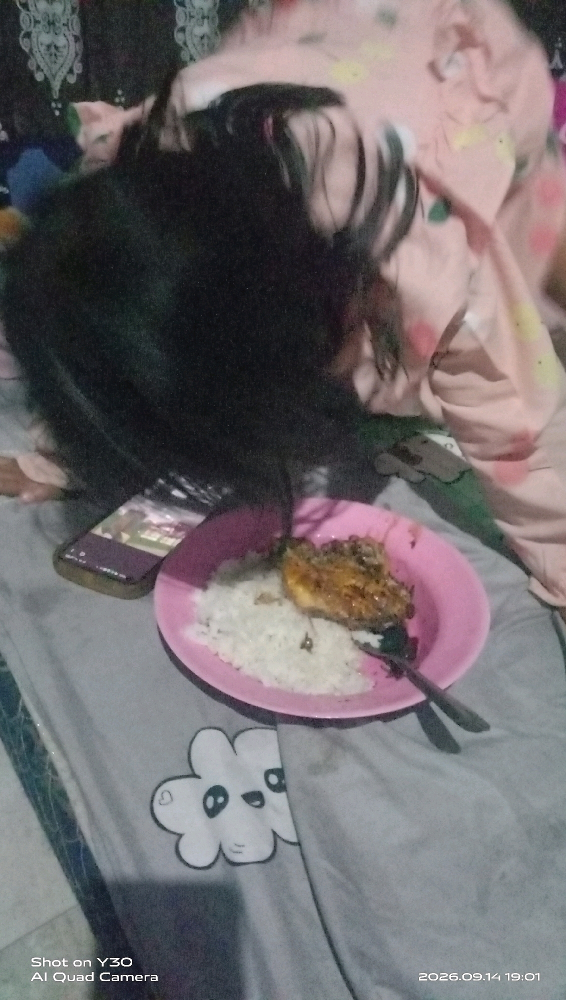 A person with dark hair is lying down on a gray blanket with a cloud-like design. They are wearing a pink and white patterned garment. In front of them is a pink plate with white rice and a piece of fried food. A fork is resting on the plate. A dark-colored smartphone is placed next to the plate. The scene appears to be indoors, possibly a bedroom, given the presence of blankets and the overall soft lighting. The timestamp on the image indicates it was taken on September 14, 2026, at 19:01. The location watermark suggests the image was taken in Karangankidul, Indonesia.