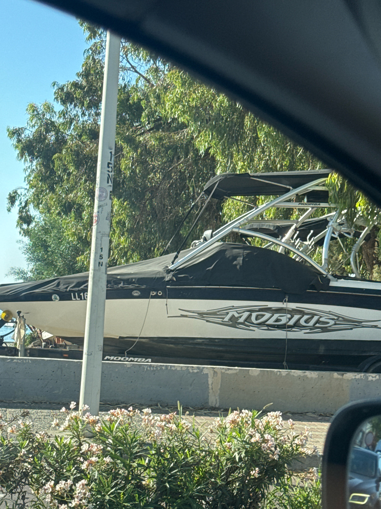 The image shows a white boat with black accents and the name "MOBIUS" in silver lettering on its side, parked on a trailer. The boat is partially covered with a black tarp. A metal frame structure with a black canopy is installed on the boat. The boat is positioned behind a concrete barrier and a pole with some markings is visible in front of it. In the foreground, there are blooming pink and white flowers and green foliage. The background features lush green trees and a clear blue sky. A vehicle's side mirror is visible in the bottom right corner of the image, reflecting another vehicle. The boat has the inscription "LL16" on its port side. The pole has markings that appear to be "15N" repeated. The boat also has "MOOMBA" written above the "MOBIUS" lettering. The scene appears to be outdoors, possibly near a road given the presence of the concrete barrier and the vehicle mirror. Based on the markings "LL" for registration plates, the image is likely taken in Cyprus. The presence of the boat suggests it could be near a harbor or a marina in Limassol, Cyprus.