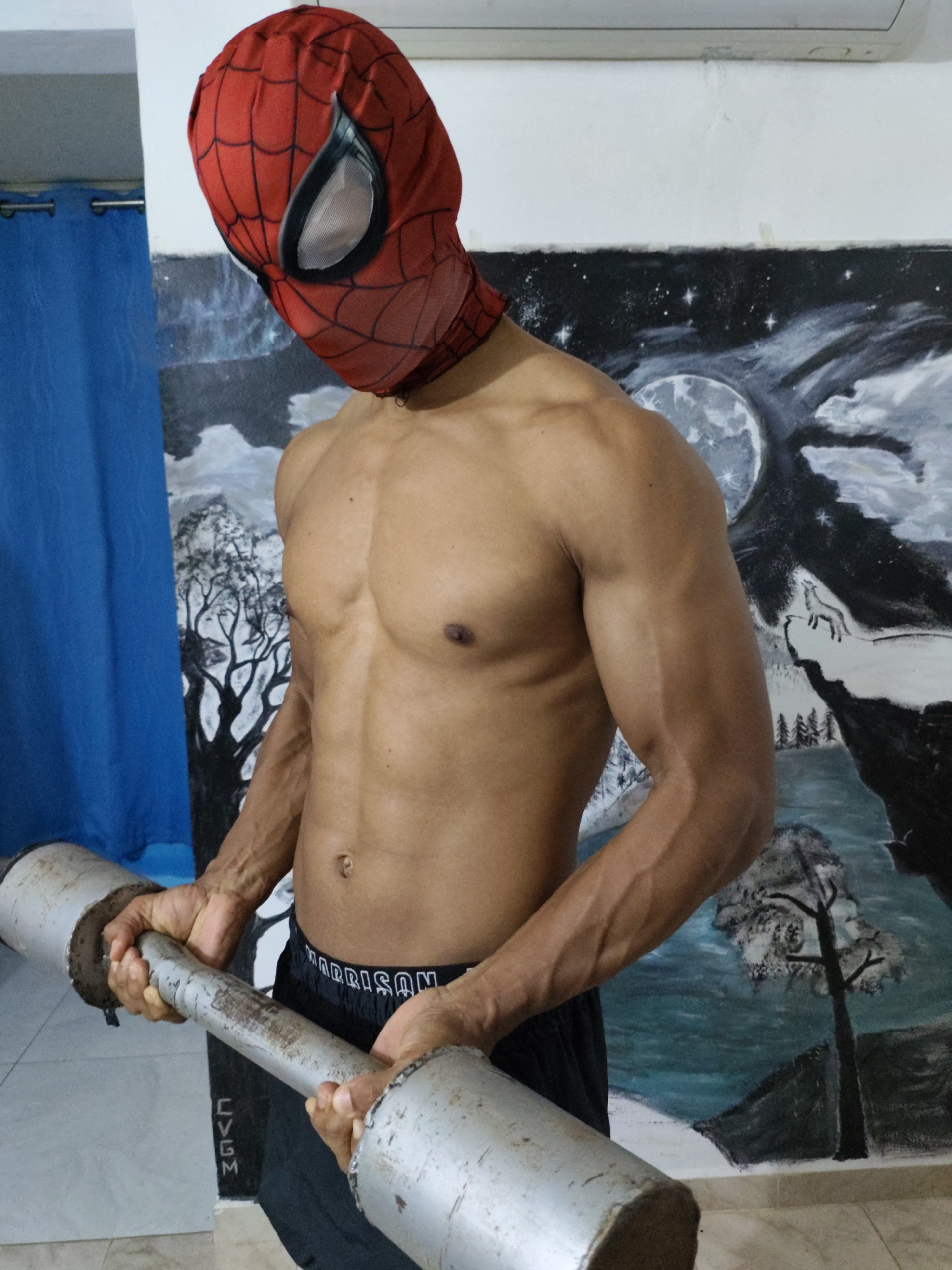 The image shows a shirtless man wearing a Spider-Man mask, holding a weightlifting bar in front of a mural. The mural depicts a moonlit night sky with stars, a wolf howling on a cliff, and silhouetted trees and landscapes. The man has a muscular physique and is wearing black shorts with the word "MORRISON" visible on the waistband. The environment appears to be indoors, possibly a home gym or a room with a painted mural on the wall. The floor is tiled, and a blue curtain is visible in the background to the left. The man's hands are gripping the ends of the metal bar. The lighting suggests a dimly lit indoor setting.