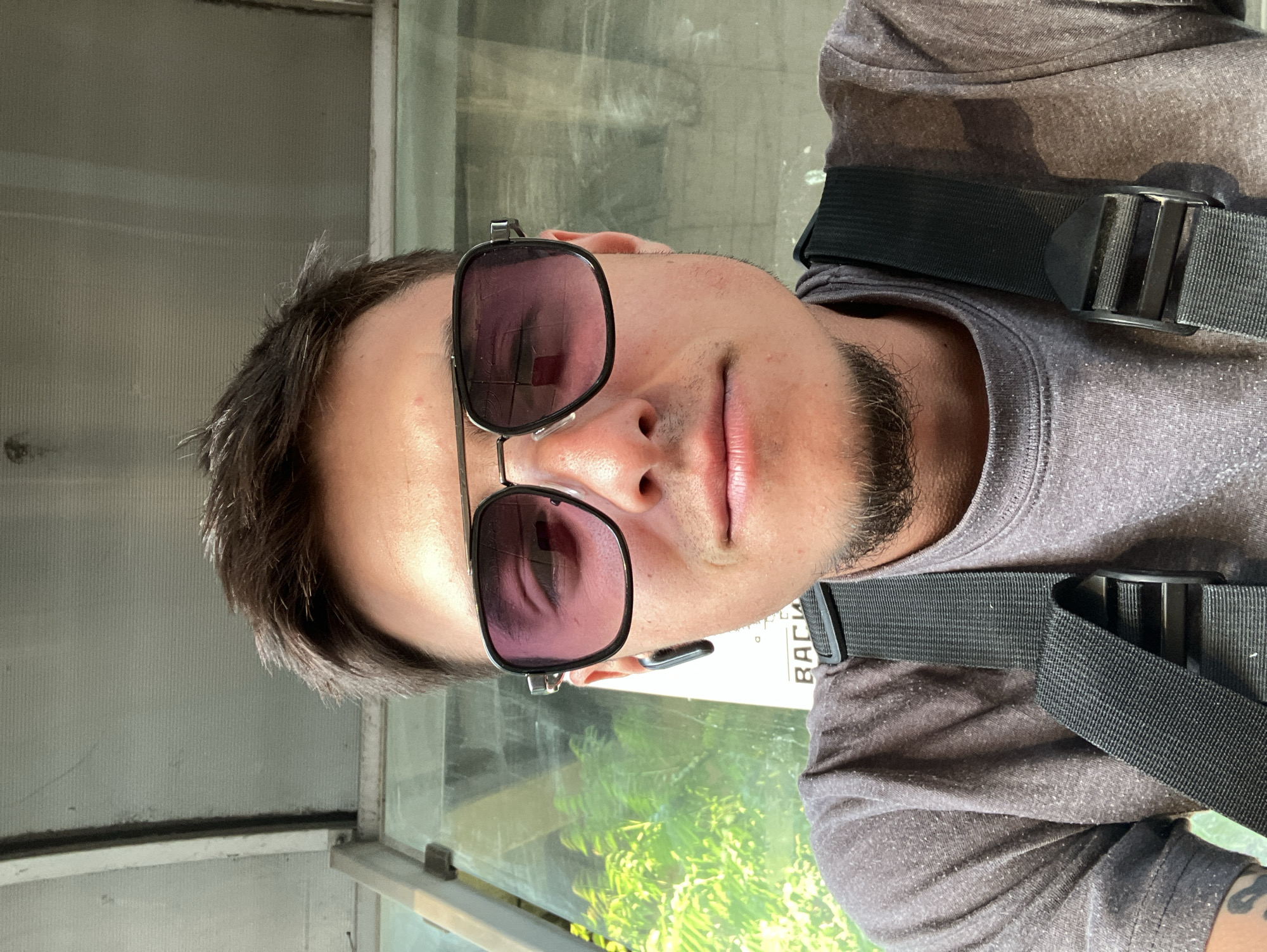 A close-up, selfie-style photograph shows a man wearing sunglasses and a safety harness in what appears to be a semi-enclosed structure. The man has dark hair, light skin, and a trimmed beard. He is wearing a heather gray shirt.
Behind the man is a window offering a glimpse of green foliage and what appears to be a cityscape. The structure housing the man and window features corrugated siding. A partial sign reading "BACK" is visible.
Based on the presence of the safety harness and the visible landscape, the location is likely an attraction in Plovdiv, Bulgaria involving height or adventure, such as a viewing platform, zipline, or climbing activity. No specific landmark is identifiable within the limited background view.