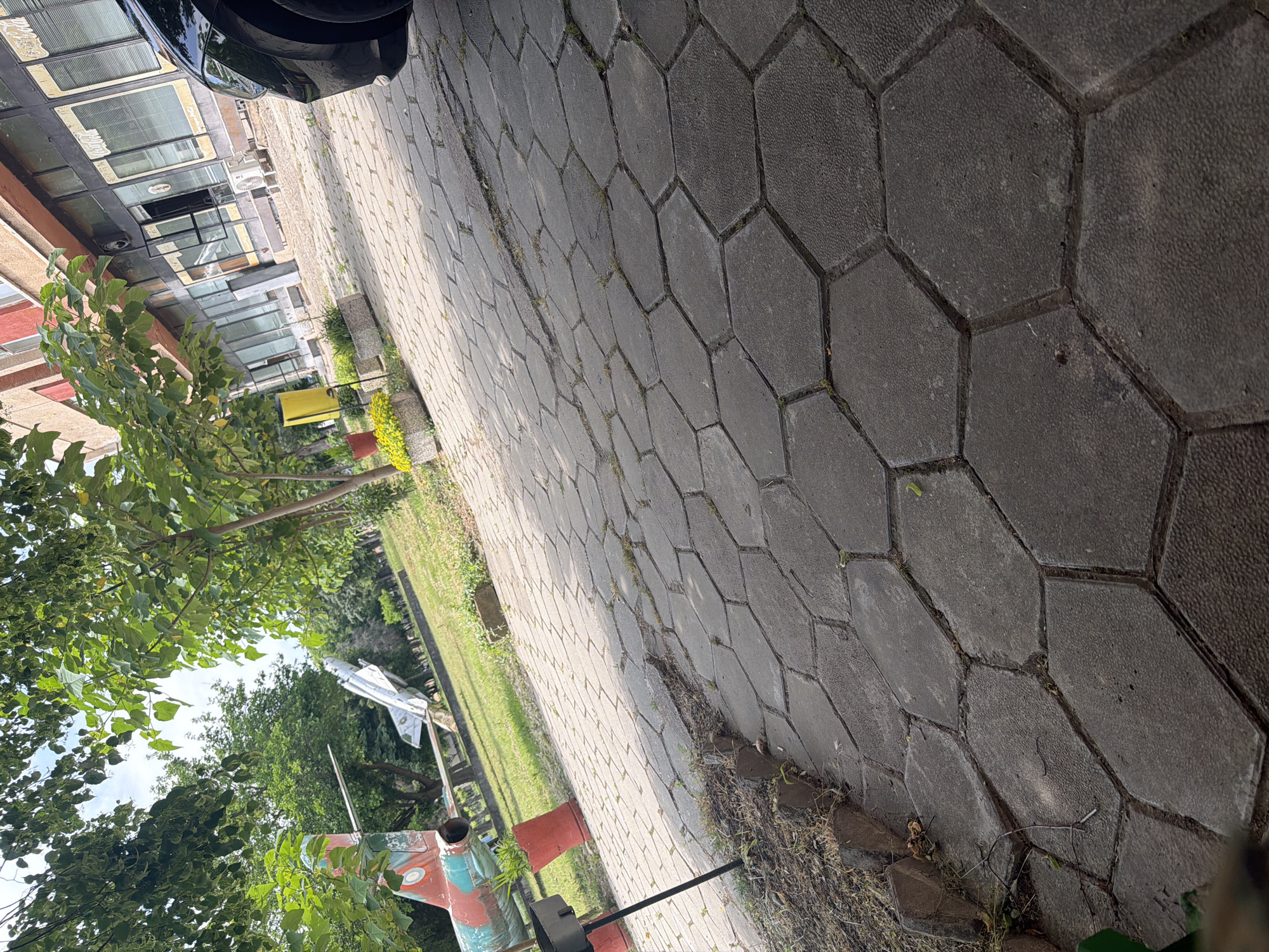 The image shows a paved walkway with hexagonal pavers, with greenery and trees to the left. In the background, partially obscured by trees, is a white jet plane on display. A painted aircraft tail with red and green accents is visible in the foreground, near a pole. The photograph appears to be taken outdoors, likely in a park or memorial area. Based on the prompt, this could be in Dolna Mitropolia, Bulgaria.