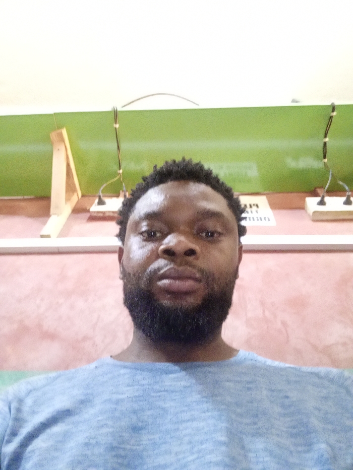 An adult male, appearing to be of African descent, is depicted in a close-up, frontal portrait within an indoor setting in Magboro, Nigeria. The male has short, dark, textured hair and a full dark beard and mustache. He is wearing a light blue, crew-neck shirt with a subtle textured pattern. His expression is neutral, and he looks directly at the camera.
The background wall exhibits distinct horizontal sections: a lower reddish-brown or pinkish-hued portion, a prominent light green band or panel in the middle, and a white upper section or ceiling line. Below the green band, a white horizontal strip or ledge is visible. To the left of the male's head, a light-colored wooden triangular support structure is affixed to the wall. To the right, two white multi-socket power strips are mounted, from which black electrical wires extend upwards. A partial white rectangular sign with dark text, possibly reading "PLS" and "DRINK" or similar, is situated on the wall below the green panel and between the power strips. No other individuals or significant interactions are present.