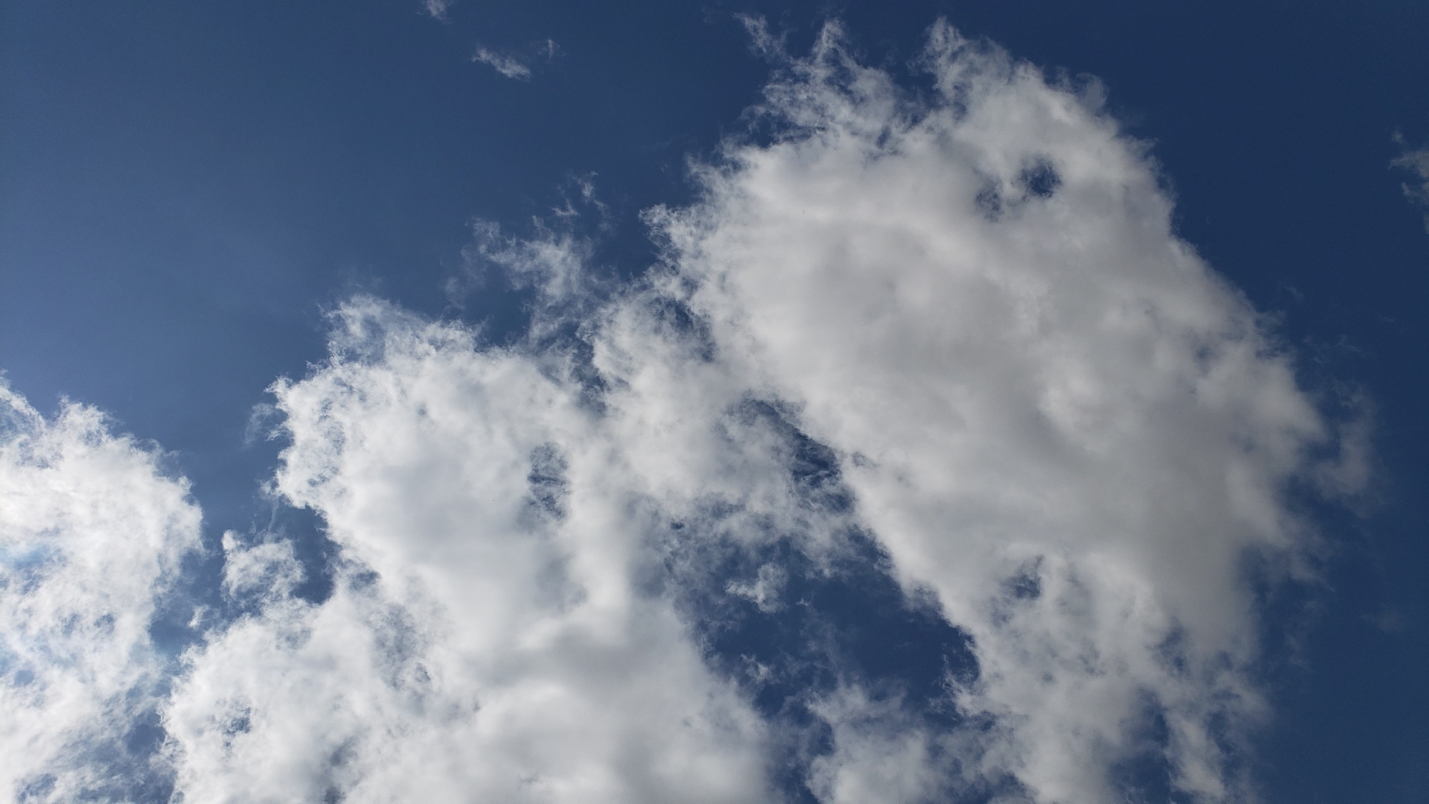 The image shows a clear blue sky with scattered white cumulus clouds. The perspective is looking upwards from the ground. The clouds are varied in shape and size, with some appearing puffy and dense, while others are wispy and thin. The sky itself is a deep blue, suggesting a sunny day. There are no discernible structures, people, or objects visible within the frame, as the image is solely focused on the sky and clouds. The overall impression is one of an open, expansive sky on a bright day.