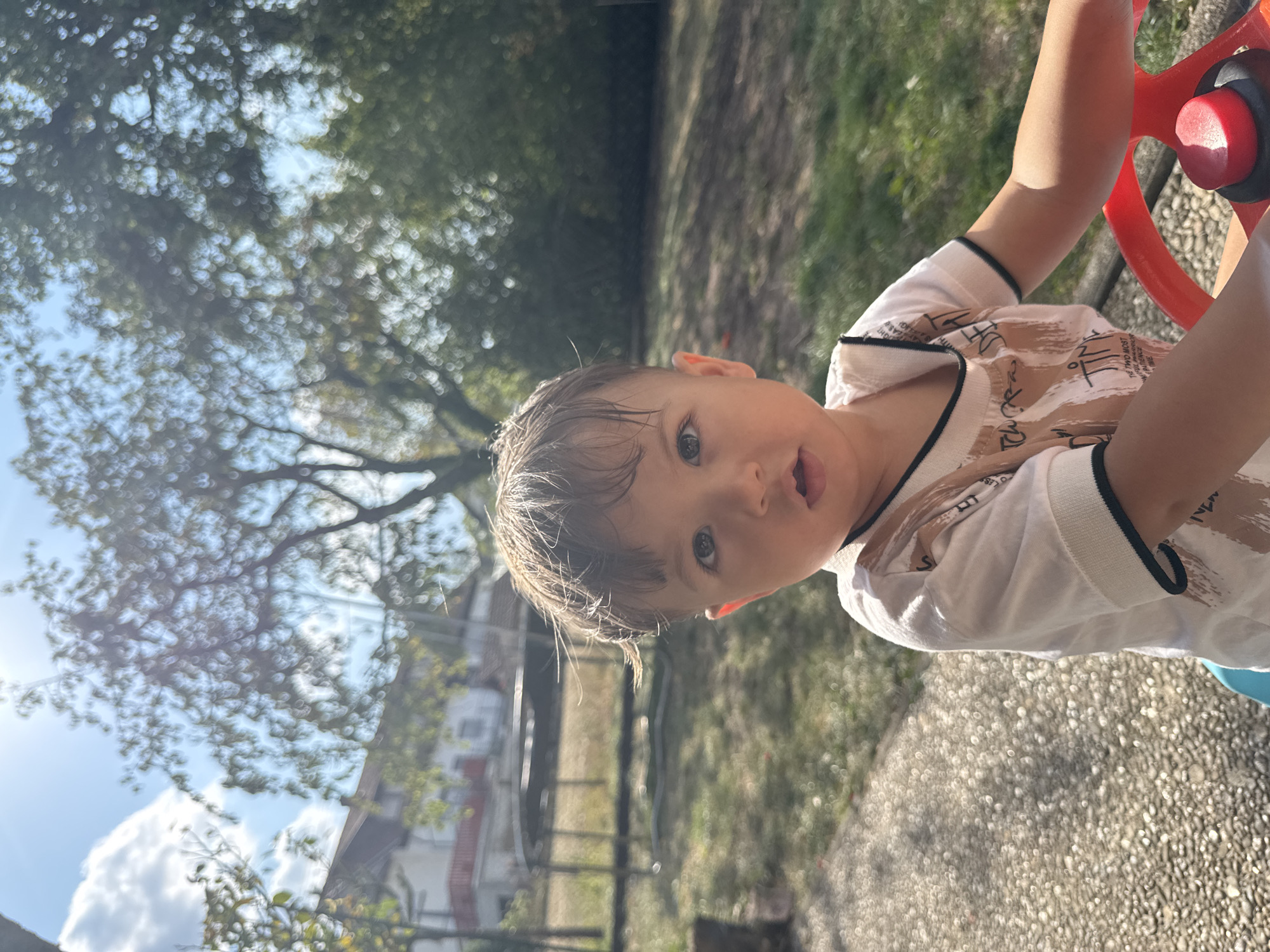 A toddler, with dark hair and dark eyes, looks towards the camera while seated in a red toy vehicle outdoors. The child is wearing a white t-shirt with brown and black graphic designs. The background shows a grassy yard, a paved path, trees, and a house with a red roof. The scene is illuminated by bright sunlight. The image is located in Überherrn, Germany.