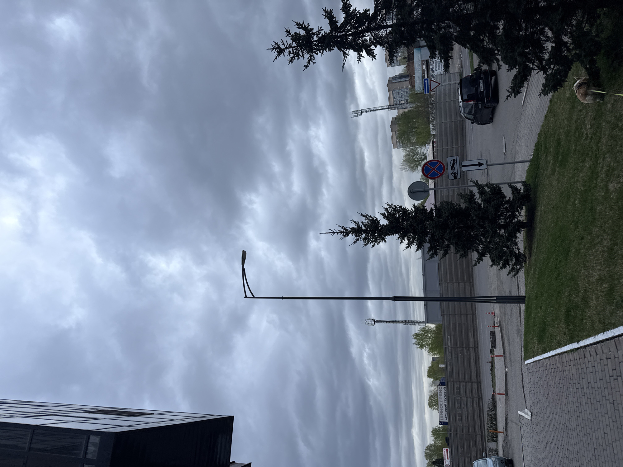 The image shows an urban scene in Krasnoyarsk, Russia, under a cloudy sky. A black car is parked on the side of the road near street signs indicating traffic regulations. A light post stands adjacent to the street. Adjacent to the car is a grassy area. A modern building with reflective windows can be seen in the foreground. In the background, there are some residential buildings and a telecommunications tower.
