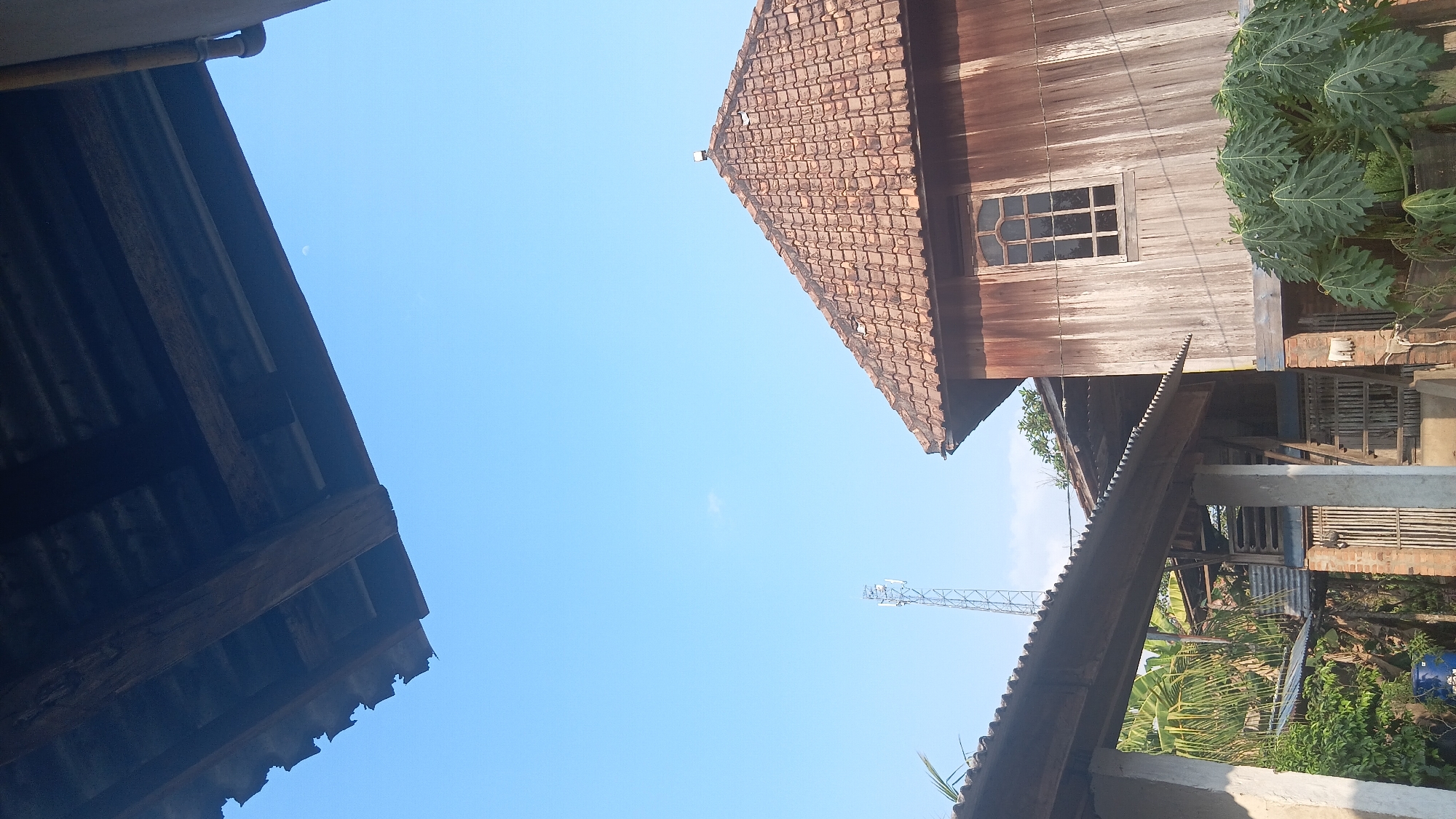 The image depicts a rustic scene under a clear blue sky, likely in the city of Prabumulih, Indonesia. In the foreground, the underside of a weathered, dark-colored roof with visible wooden beams juts out from the top of the frame. Below this, a portion of a wooden structure with a terracotta tile roof is visible on the right, featuring a distinctive arched window with multiple panes. To the left, another structure with a corrugated metal roof supported by concrete pillars is partially visible, with dense green foliage, including banana trees and other plants, growing around its base. In the distance, a tall, slender telecommunications tower stands against the sky. The overall impression is one of rural or semi-rural life, with a focus on traditional building materials and the natural environment.