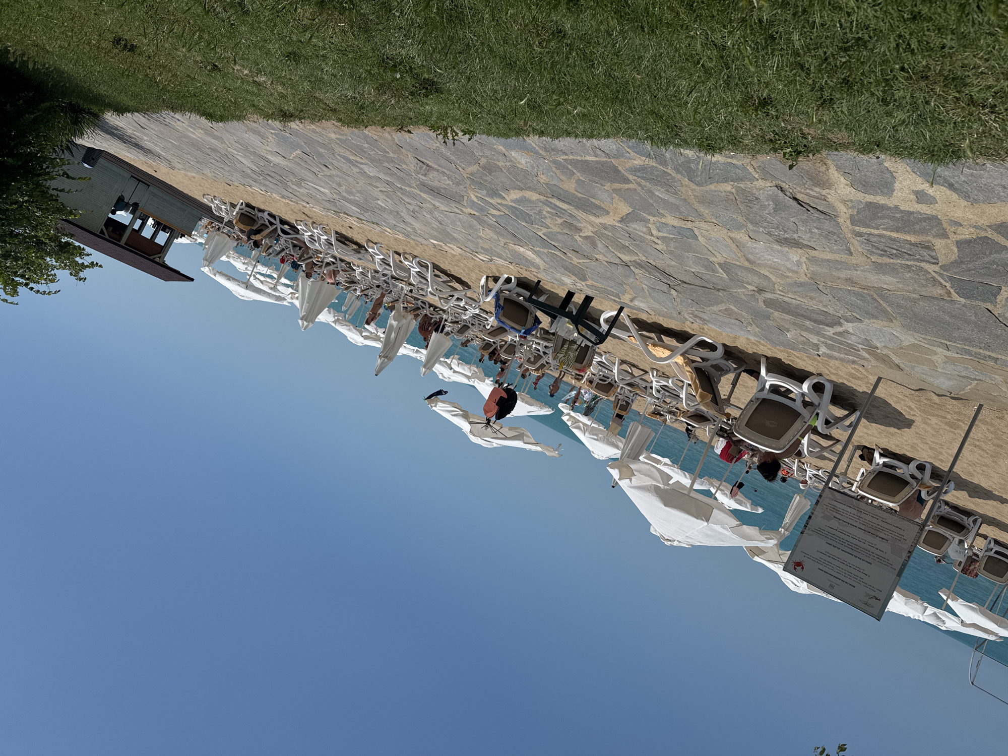 This image depicts a beach scene, identified as being in the vicinity of Varna, Bulgaria, under a clear blue sky. The scene is captured with a slight counter-clockwise tilt. The foreground features a strip of green grass, followed by a wide paved pathway composed of irregularly shaped grey stone slabs with lighter-colored grout. Beyond the pathway lies a sandy beach, populated with numerous white sun loungers and matching white parasols arranged in rows extending towards the sea. Dozens of individuals are visible across the beach, primarily occupying the sun loungers; some appear to be standing or walking. A large, rectangular informational sign, supported by poles in the sand, features text and a red crab logo at its upper right corner, referencing "Crab Beach Club." In the mid-ground to the right, a small, light-colored wooden building with a dark brown pitched roof is present, featuring windows and a door, potentially serving as a service facility or beach bar. A black trash receptacle is located beside this building. Dense green foliage is partially visible to the right of the wooden structure. The sea, appearing calm and light blue, forms the background.