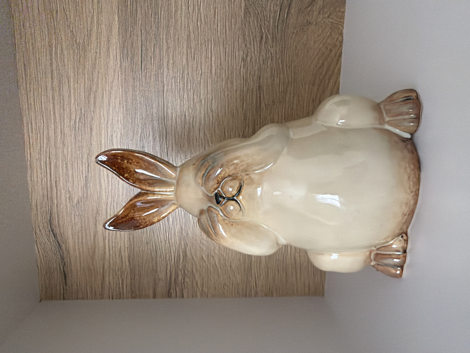 A glossy, ceramic figurine of a rabbit is positioned centrally on a white shelf. The rabbit has large ears, which are a light brown color with darker brown tips, and its eyes are closed, giving it a peaceful or sleepy appearance. Its body is a pale, creamy color with brown accents on its ears, nose, and paws. The rabbit is seated with its paws resting in front of it. Behind the rabbit, a textured wooden panel forms the backdrop. To the left of the rabbit, a plain white surface extends out of view. There are no people present in the image, and no actions are taking place. The scene is static and appears to be an indoor setting, likely a home or display area. There is no information available to link this image to Pazardzhik, Bulgaria, or any specific city.