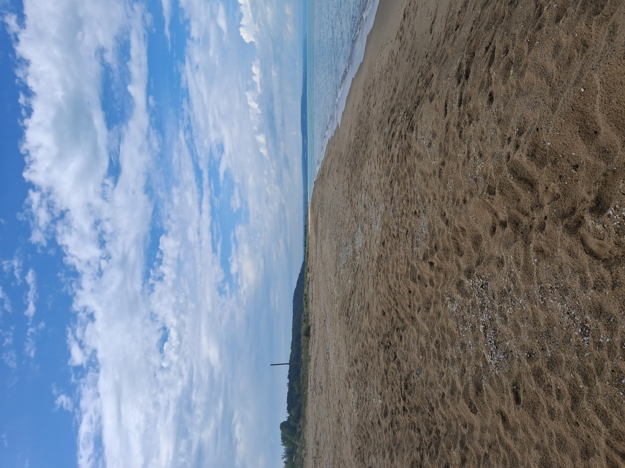 This image captures a wide-angle view of a deserted sandy beach in Shkorpilovtsi, Bulgaria, under a partly cloudy sky. The foreground is dominated by extensive light brown sand, textured with numerous ripples, undulations, and scattered clusters of small shells and pebbles. The sand extends from the bottom of the frame towards the horizon.
On the right side, the beach meets a calm body of water, likely the Black Sea, which exhibits a clear, light turquoise color with subtle waves breaking at the shoreline. The water stretches horizontally to the far right, meeting a light blue, distant landmass on the horizon.
In the mid-ground, a long, dark green strip of dense vegetation, likely trees and shrubs, runs parallel to the beach, separating it from an elevated, hilly landmass covered in further greenery. A prominent, tall, dark vertical cylindrical structure, resembling an industrial chimney or tower, stands conspicuously on this distant landmass, slightly to the left of the image center.
The sky above is bright blue, filled with numerous scattered white and light grey cumulus and stratocumulus clouds of various sizes and densities, indicating fair weather. No individuals or discernible activities are present in the scene.