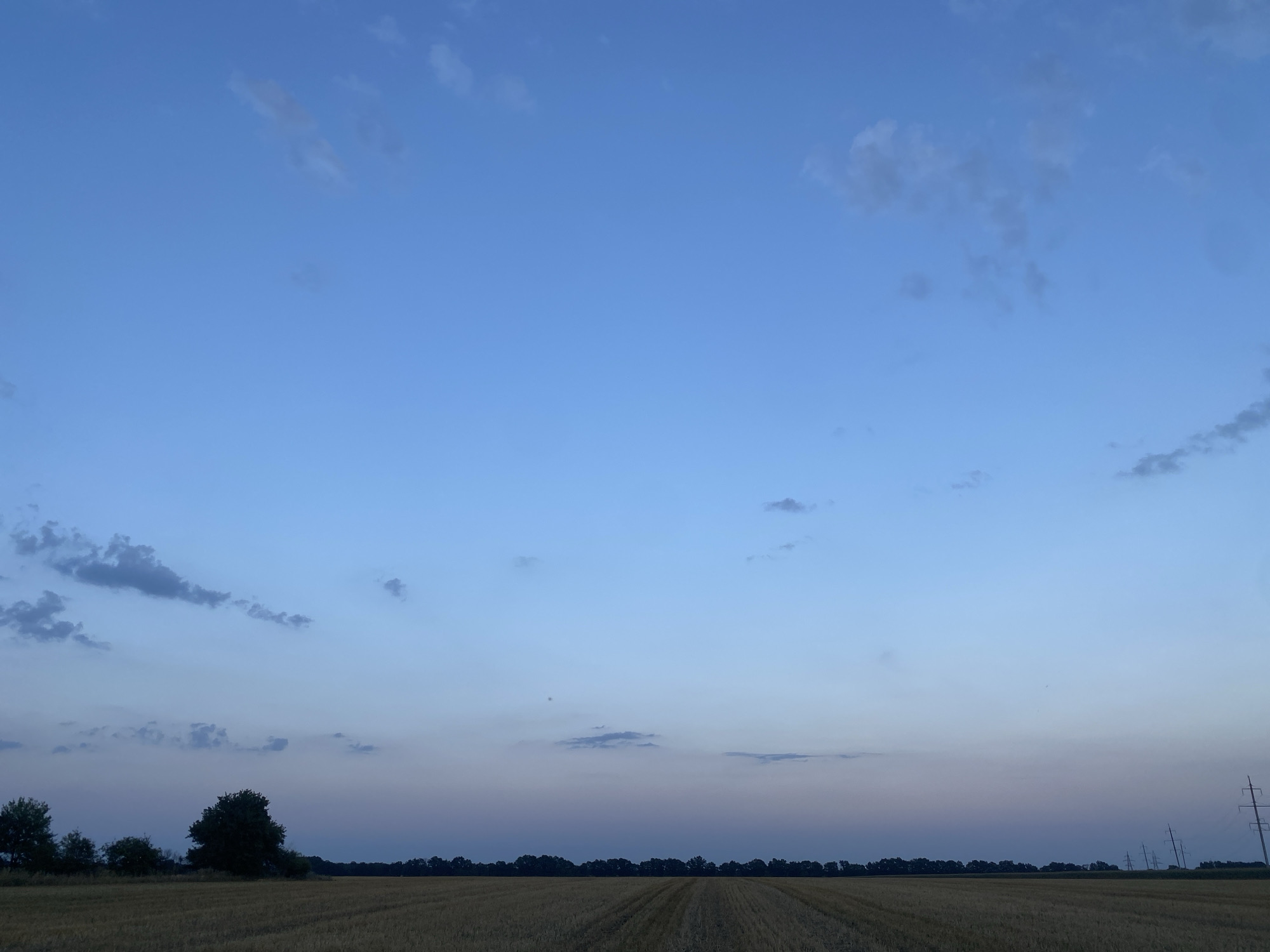 This is a wide-angle, eye-level, outdoor, natural light photograph taken at dusk in a rural area of Hoholeve, Ukraine. The scene depicts a harvested field of wheat stubble, stretching across the lower half of the frame. The field is flat and shows clear rows from harvesting equipment. A dark line of trees borders the horizon, with several trees appearing as silhouettes against the twilight sky. In the distance, on the right side of the frame, several power transmission towers are visible. The sky is a gradient of soft blues and purples, with scattered, wispy clouds. The overall atmosphere is serene and tranquil.