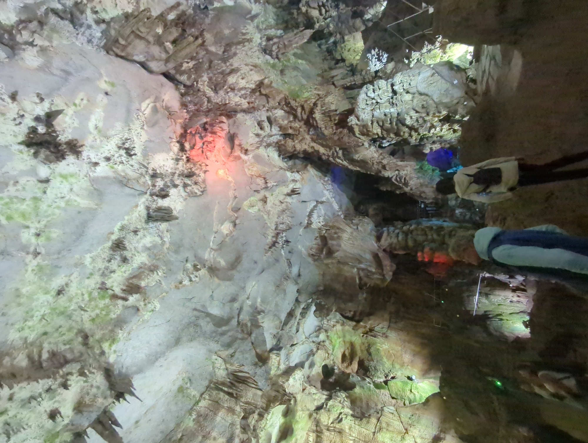 The image depicts the interior of a cave, likely a tourist attraction, illuminated by artificial lights that cast colorful hues of green, red, and blue onto the natural rock formations. Several people are visible, dressed in casual clothing, appearing to be on a guided tour. In the foreground, two individuals are seen from behind, one wearing a blue and light-blue jacket and the other a cream-colored hoodie with a backpack. Further in the background, another person in a purple garment is visible. The cave walls and ceiling are adorned with stalactites and stalagmites, typical of cave formations, with patches of what appears to be moss or algae growing on some surfaces, adding a green tint. A pathway, possibly constructed for visitors, is visible in the lower right portion of the image. The overall impression is that of an underground natural wonder being explored by a group. This scene is consistent with the interior of the Ledenika Cave, a well-known cave located near the city of Vratsa in Bulgaria.
