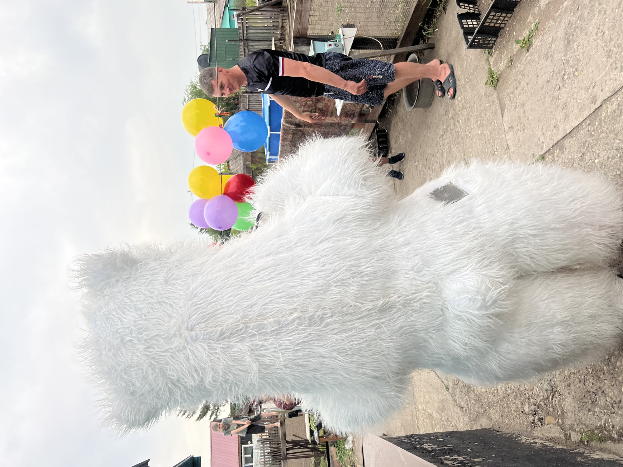 A medium-angle outdoor shot shows a person standing with a large, white, furry, bear-shaped object or costume that is tethered to a cluster of colorful balloons (yellow, pink, blue, yellow, red, purple, green). The person, who appears to be male, is wearing a black shirt with red trim and patterned shorts, and is barefoot, standing near the bear-like figure. The scene is set on a concrete surface that may be a driveway or patio, with a visible drainage grate in the middle ground.
In the background, there is a residential area with a wooden fence, metal scaffolding, and some greenery. There are also other objects in the scene, such as a black container and what seems to be an outdoor sink. Additionally, there is another person in the distance, near a building with a red roof, who is partially obscured. The sky above appears overcast.