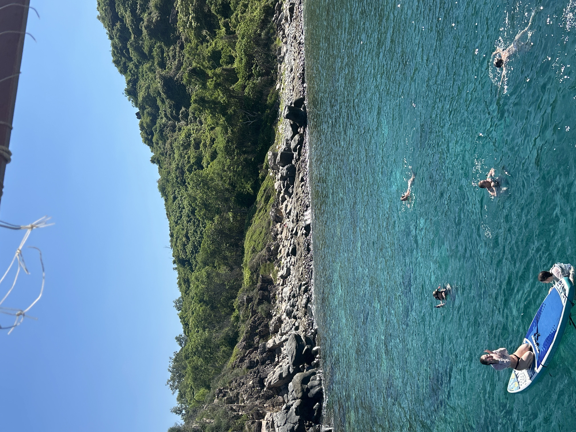 An aerial view captures a serene coastal scene in Nha Trang Ward, Vietnam, under a clear blue sky. The turquoise waters of the ocean gently lap against a rocky shoreline covered in lush green vegetation. Several individuals are enjoying the water: one person is kneeling on a blue and white paddleboard, appearing to clap, while another person is seated in the water next to the paddleboard. Further out, three other individuals are swimming, one of whom is snorkeling. The background features a verdant, tree-covered hillside that slopes down to the coast. The scene suggests a peaceful day of recreation in a beautiful natural setting.