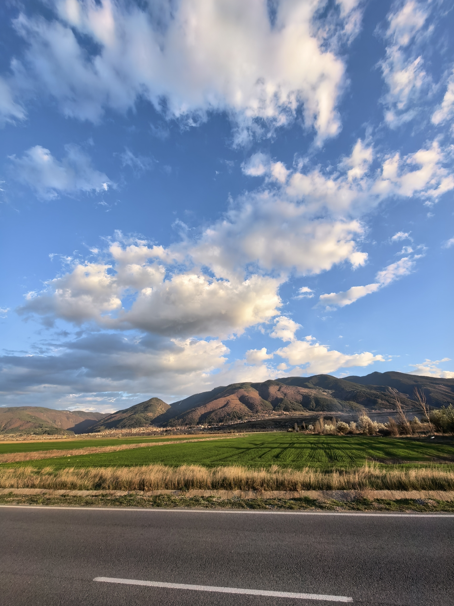 The image presents a view of a rural landscape in an unknown city. A paved road with a single white lane marker occupies the foreground. Beyond the road, a field of green vegetation leads to a patch of taller, brown grasses. In the background, a mountain range is visible beneath a blue sky with scattered white and gray clouds. A small town nestles at the base of the mountains.