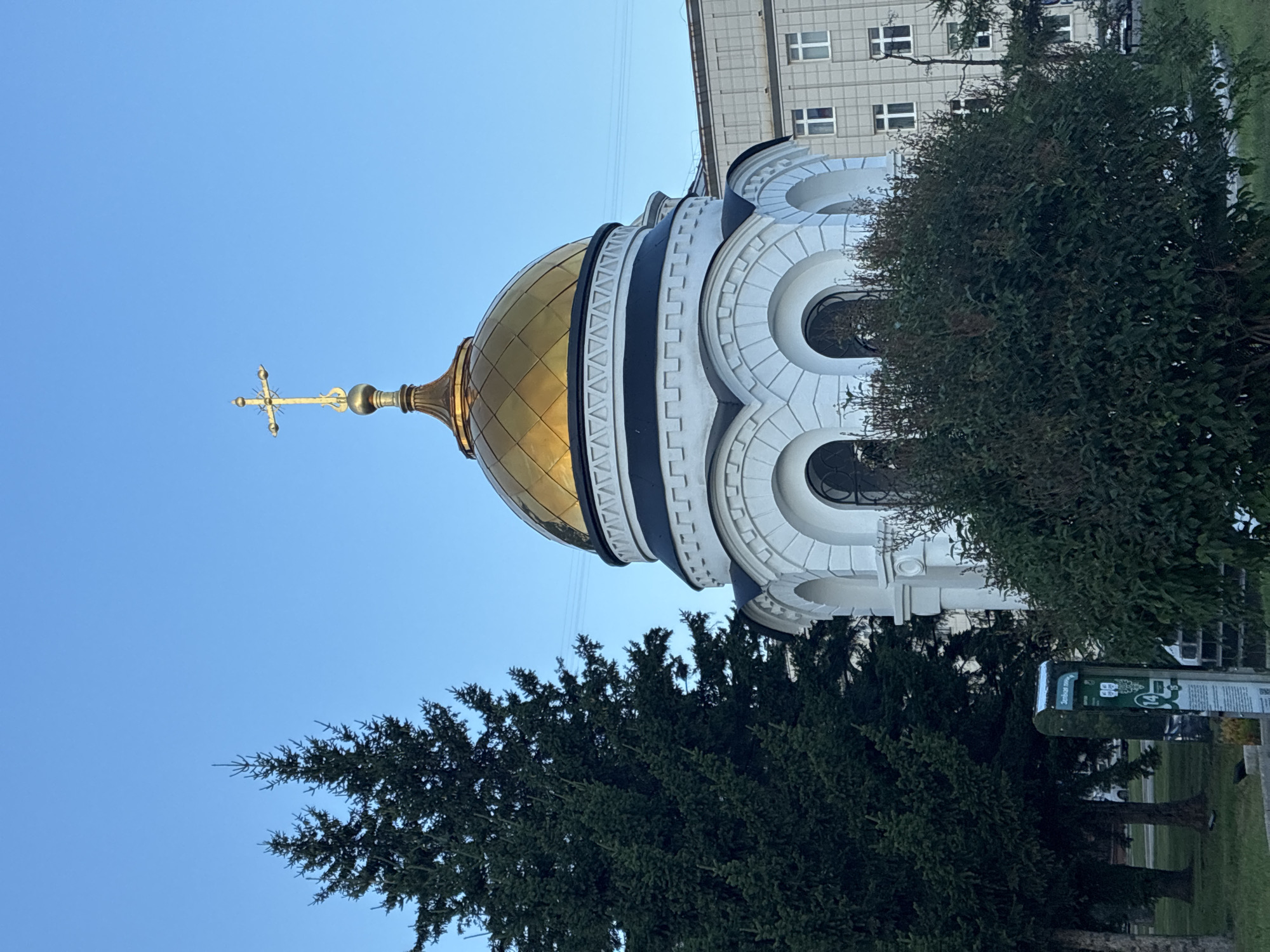 The image shows a white building with a golden dome and a cross on top, likely a church, situated in an urban environment. To the left of the building, a large evergreen tree stands prominently. In the foreground, a dense bush partially obscures the base of the building. Behind the dome, a modern, light-colored building with multiple windows is visible. The sky is clear and blue. A green sign with some text and symbols is located to the left of the building and in front of the evergreen tree. This scene is captured in the city of Irkutsk, Russia, specifically at the Church of the Transfiguration, also known as the Spasskaya Church.