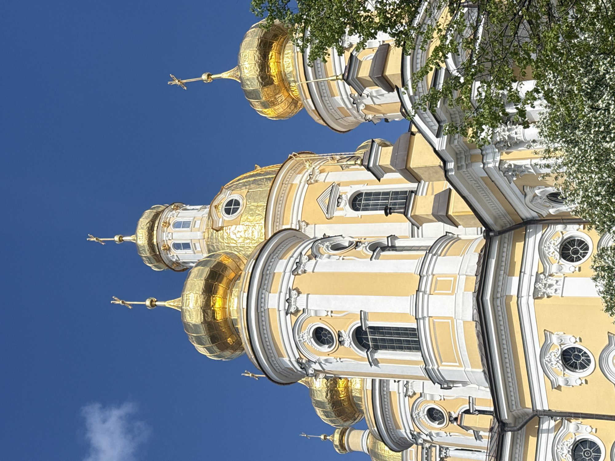A low-angle shot presents the architectural detail of the Peter and Paul Cathedral, part of the Peter and Paul Fortress in Saint Petersburg, Russia. The building features onion domes covered in gold leaf, contrasting with its cream and yellow facade and white ornamental trim. Numerous round and rectangular windows adorn the exterior. Parts of a tree with green leaves appear in the top right, partially obscuring the structure. The background is a clear, cloudless, blue sky.