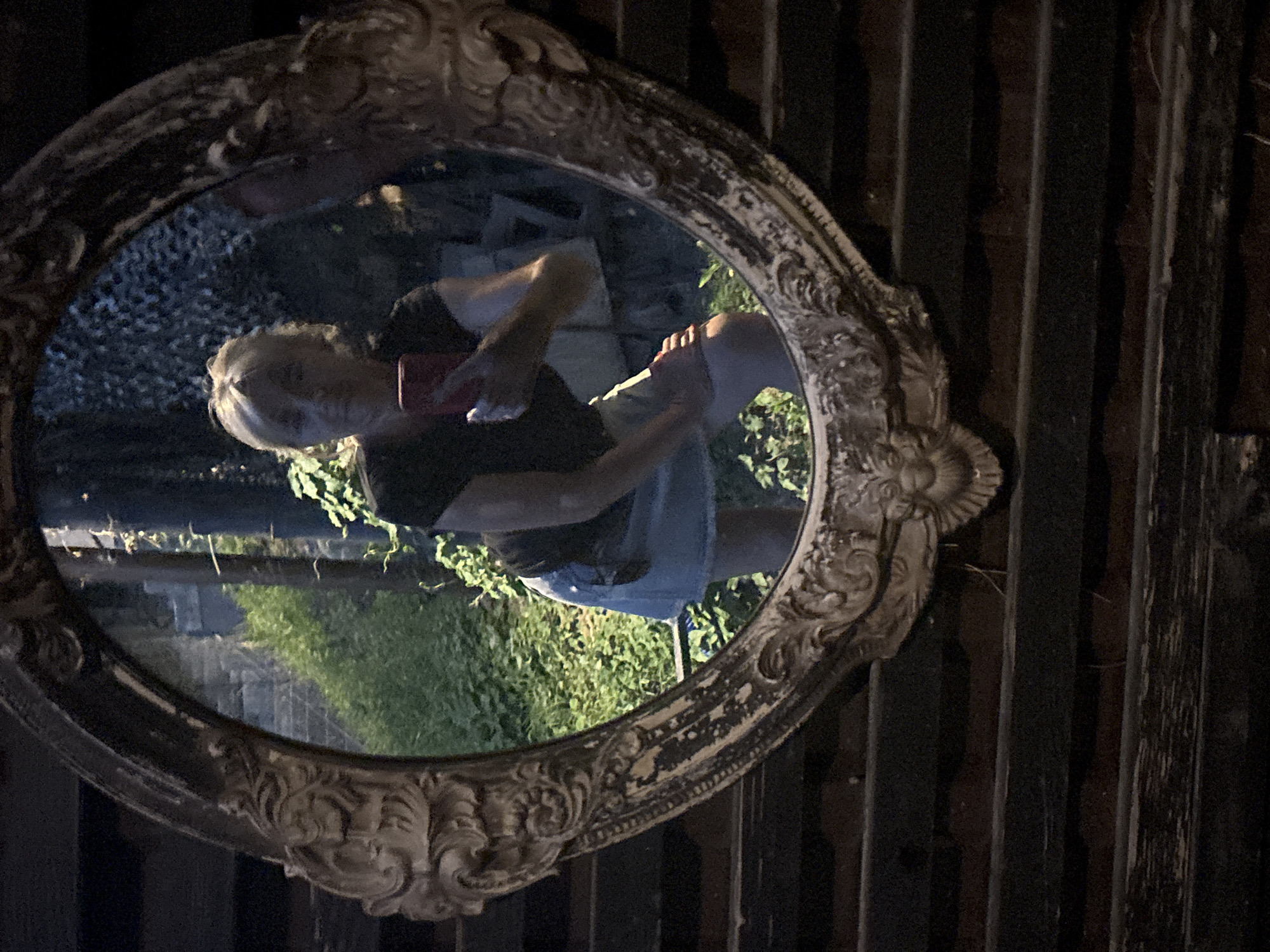 This media file shows a selfie taken in a decorative, ornate oval mirror. The mirror is framed by a dark, rustic wooden structure, possibly a fence or wall with vertical planks. The lighting suggests it is either dusk or nighttime, with artificial light illuminating the scene.
The subject of the selfie is a person, appearing to be a woman with blonde hair, wearing a dark t-shirt and a light-colored skirt or shorts. She is holding a red object, likely a smartphone, in her right hand, angled to capture her reflection. Her expression is neutral.
The reflection in the mirror shows more of the background, which appears to be an outdoor setting with lush green foliage and some stone structures, possibly steps or a pathway. The overall impression is a casual, self-taken photograph in a somewhat overgrown or natural environment. The ornate frame of the mirror contrasts with the rustic background. No visible text is present in the image.