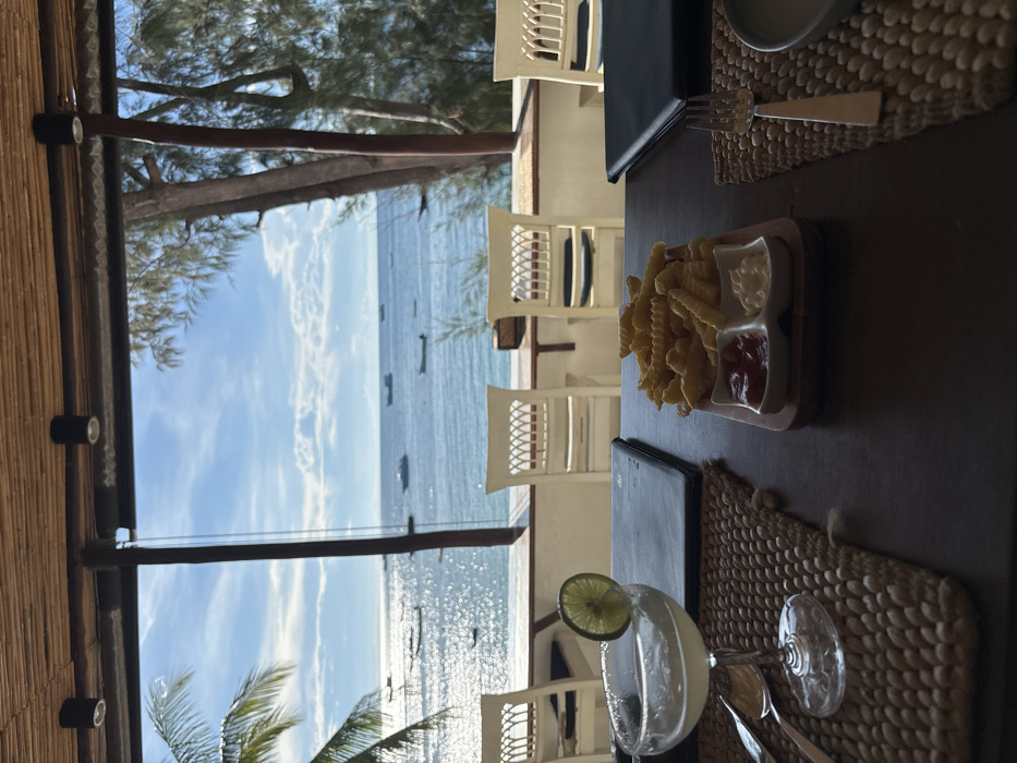 The image depicts a static scene inside an open-air restaurant or bar in Koh Tao, Thailand, providing a direct view of the ocean. In the immediate foreground, a dark wooden table is set with two woven placemats. On the left placemat, a stemmed cocktail glass, likely a margarita, holds a clear beverage garnished with a lime slice and features a salted rim. A fork, knife, and spoon are positioned next to it. On the right, a small wooden serving board presents a white ceramic dish divided into two sections, containing crinkle-cut french fries, a dollop of ketchup, and a dollop of mayonnaise. A silver fork and a grey plate are visible on the right placemat. Two dark-colored menus or binders rest on the table.
The overhead structure features a bamboo-slatted ceiling with two visible black cylindrical spotlights. A dark wooden support pillar is centrally located in the midground, framing the expansive sea view. Beyond the table, on a lower outdoor patio, several white, lattice-backed chairs are unoccupied, facing the water.
The background shows a vast expanse of blue ocean under a partly cloudy sky. Sunlight reflects brightly on the water's surface. Numerous boats, including smaller longtail-style vessels and larger motorboats, are visible scattered across the water. On the far left, a palm frond is partially visible, while the right side of the frame shows dense green foliage from trees bordering the coastline. The scene conveys a bright, clear day by the sea.