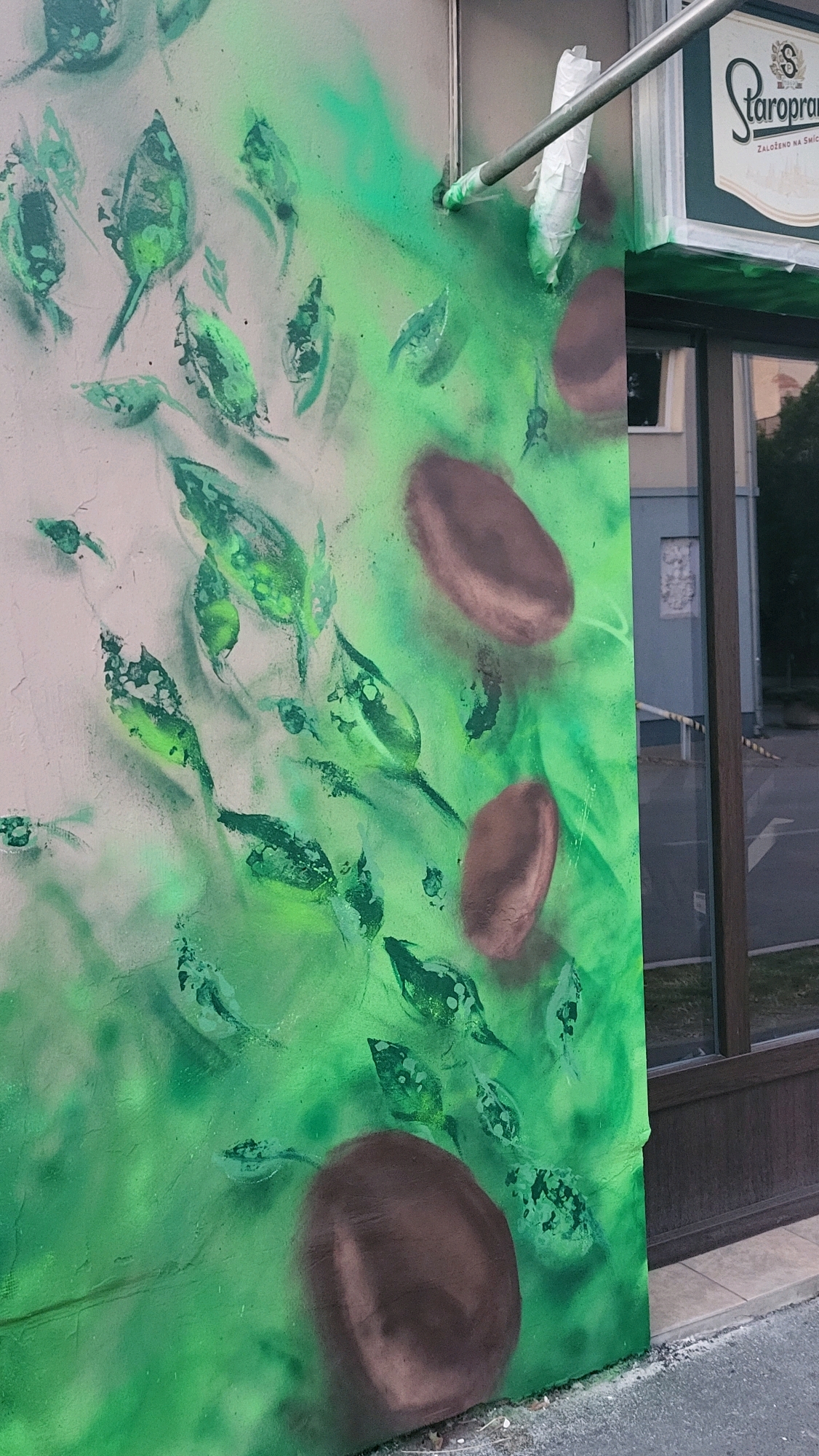The image is a medium shot of a mural on the side of a building, possibly in Prešov, Slovakia. The mural features a vibrant green background with stylized dark green leaves and some brown oval shapes that could represent seeds or beans. The paint appears to be spray paint, with some overspray visible. A metal pole, partially wrapped in white tape that is also splattered with green paint, extends from the upper left corner of the mural towards the right. To the right of the mural, a portion of a dark-framed window and a sign with the text "Staropramen" are visible, suggesting the building is a commercial establishment, likely a pub or restaurant. The ground in front of the building is asphalt, with some gravel and debris. The overall impression is a colorful and abstract street art depiction.