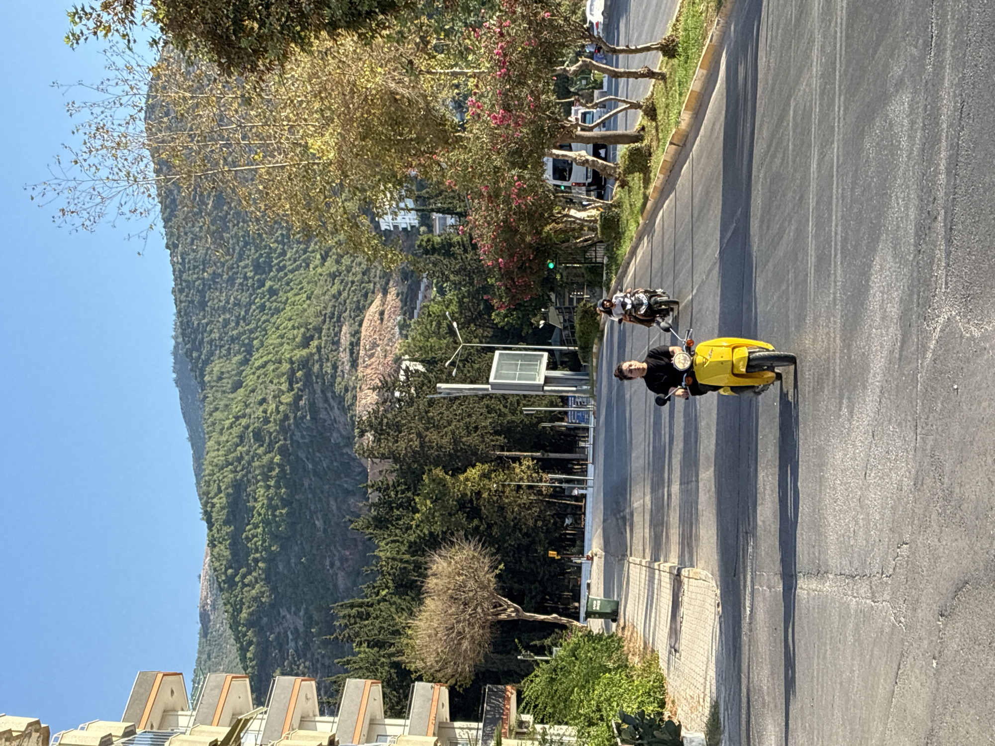 The image depicts a street scene in Alanya, Turkey, with a focus on a road bordered by a sidewalk, buildings, and a lush, green hillside. The sun is shining, casting long shadows across the asphalt. In the foreground, a person is riding a yellow scooter down the road. Further ahead, another person is riding a scooter, and beyond that, a white van and other vehicles are visible on the road. The left side of the road features a sidewalk with a green trash bin and a bare-branched tree, adjacent to a multi-story building with balconies. The right side of the road is lined with trees, some of which are adorned with pink blossoms, and a grassy median. The background is dominated by a steep, tree-covered mountainside.