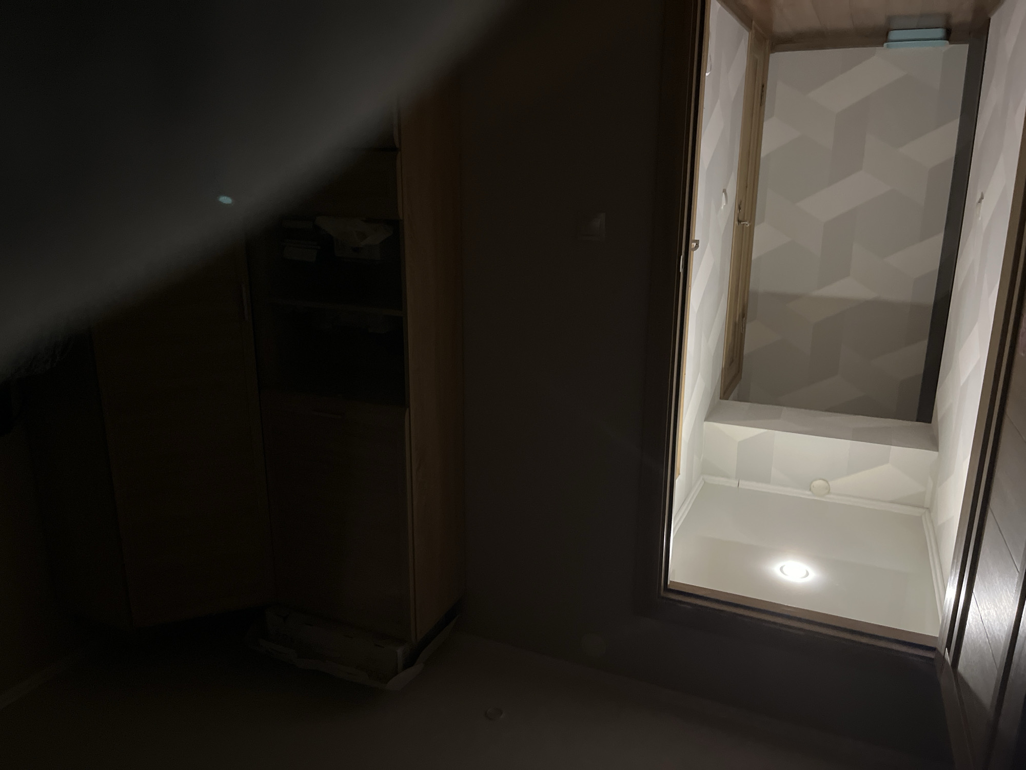 An interior shot shows a hallway with geometric patterned wallpaper and a wooden door. The hallway is lit by a single overhead light. To the right of the hallway is a dark room with a large wooden cabinet. The scene is dimly lit overall, with a bright light emanating from the hallway and a faint glow from an object in the dark room. The image appears to be taken from within the doorway of the dark room, looking into the hallway.