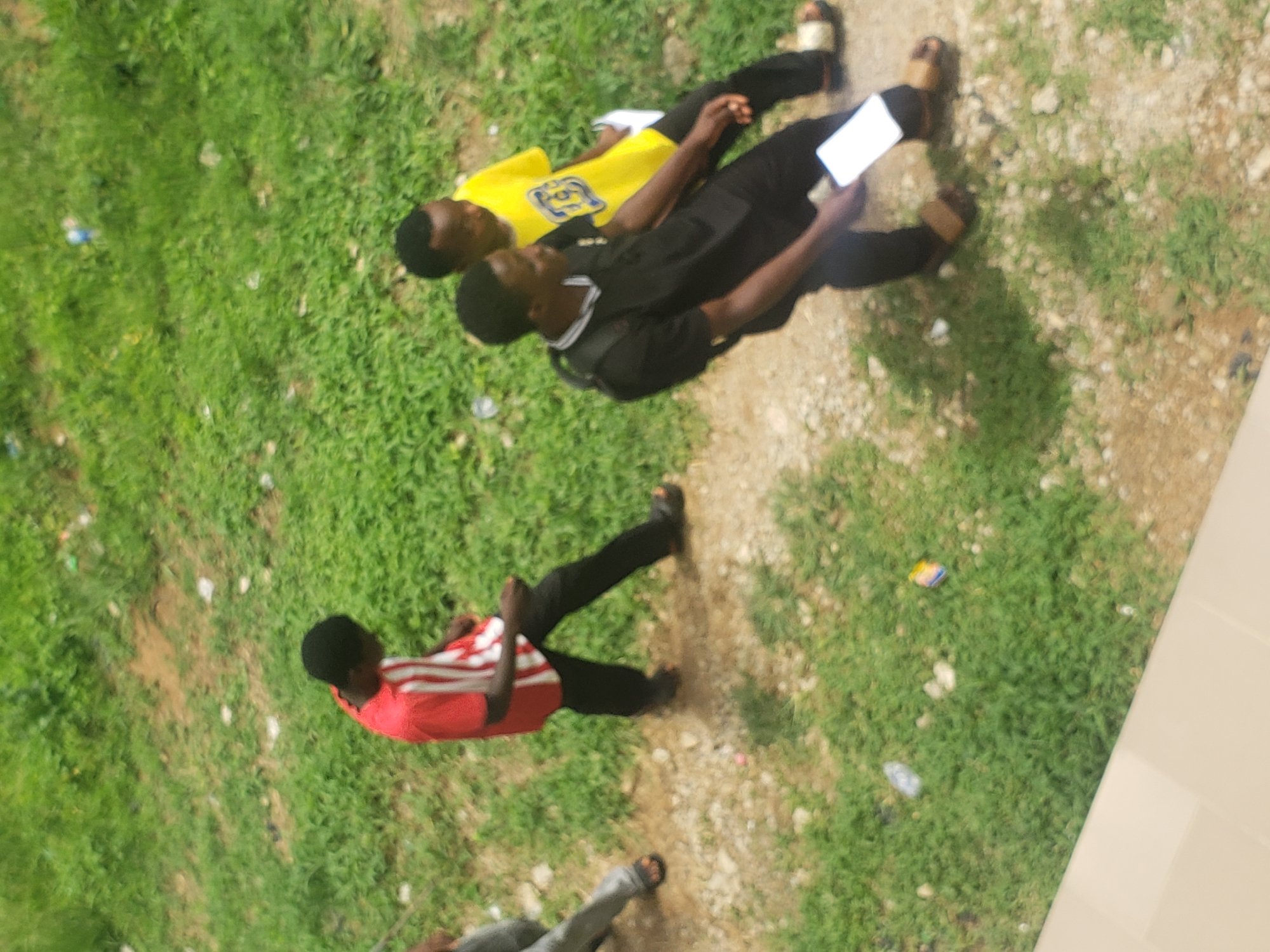 This is an aerial, high-angle, outdoor, medium shot of four young Black males walking on a dirt path bordered by overgrown green grass. The individuals are in the mid-ground and foreground of the image. The path has scattered small rocks and some litter.
From left to right, the first person, partially visible, is wearing a gray shirt and pants and dark sandals. The second person is wearing a red and white vertically striped t-shirt and black pants, with dark sandals. The third person, in the foreground, is wearing a black t-shirt with a white collar and black pants, with brown sandals, and is holding a white object, possibly a phone. The fourth person is wearing a yellow t-shirt with blue and yellow insignia on the front, and dark pants with brown sandals. They are also holding a white object.
The environment suggests a natural area with some unkempt vegetation. The lighting indicates daytime. The scene appears to be in the city of Gumel, Nigeria, given the context of the request.