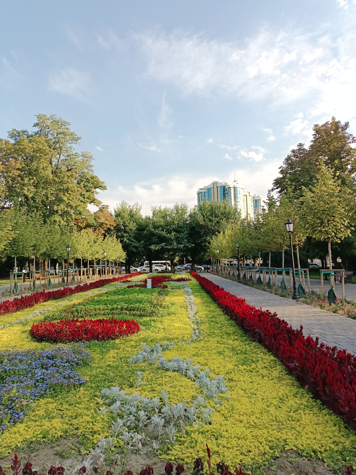 This image captures a view of a park in Almaty, Kazakhstan, likely in the vicinity of the city center, given the presence of modern high-rise buildings in the background. The foreground features a meticulously maintained flowerbed with vibrant arrangements of red, yellow, and blue flowers, bordered by green foliage. A paved walkway runs alongside the flowerbeds, shaded by rows of young trees supported by stakes. Streetlights are spaced along the walkway. Beyond the trees, parked cars and a bus are visible, suggesting the proximity of a road or parking area. In the distance, a contemporary multi-story building with a distinctive architectural style, characterized by glass facades and rounded corners, stands out against a pale blue sky with scattered clouds. The overall scene conveys a sense of urban landscaping and public space design. There are no people clearly visible in the image.