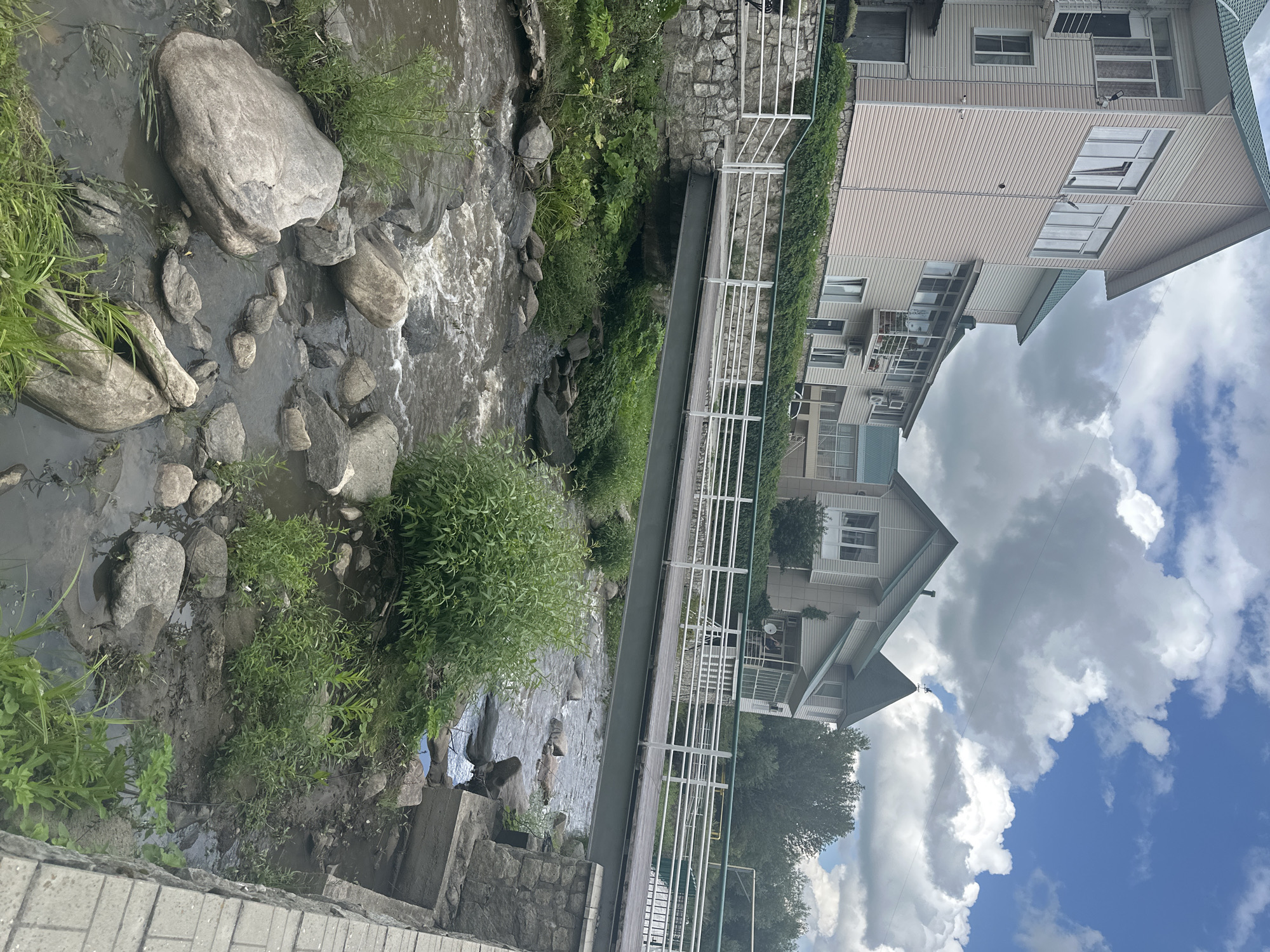 The image depicts a pedestrian bridge spanning a shallow, rocky stream. The bridge is made of metal and wood, with white railings. On the left side of the stream, there are several large rocks and green vegetation. On the right side, a paved walkway is visible. In the background, there are two multi-story buildings with light-colored siding and green roofs, suggesting a residential or hotel complex. The sky is partly cloudy with a mix of blue sky and white clouds. The scene appears to be located in a town or village setting, possibly a resort area, given the architecture of the buildings and the presence of the bridge over the stream. The location is identified as Danilovka (Altai), Russia. No people are present in the image.