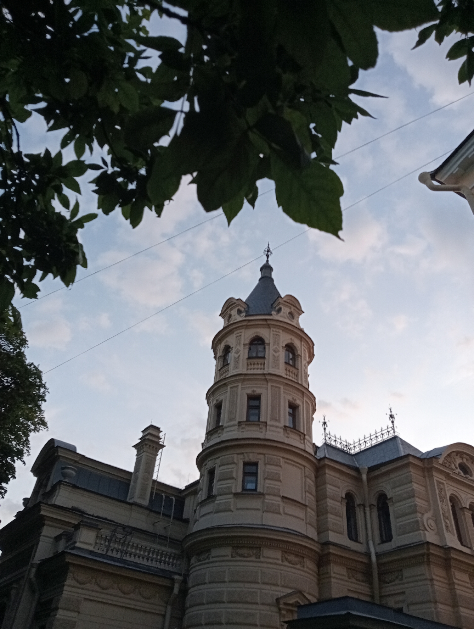 The image depicts a section of an ornate, multi-story building with a distinctive tower and mansard roof. The architecture appears to be historical, with detailed facades, arched windows, and decorative elements like finials and cornices. A rounded tower with a dark conical roof dominates the central part of the building. To the left of the tower, a chimney with intricate detailing rises from the mansard roof. The building is made of light-colored stone or plaster and is illuminated by what appears to be late afternoon or early evening light, casting gentle shadows and highlighting the architectural textures.
The foreground is framed by dark green foliage, suggesting the presence of trees or large bushes, possibly in a park or garden adjacent to the building. Above the building, the sky is a pale blue with scattered white clouds. Two thin utility wires are visible stretching across the sky. The overall impression is one of stately architecture set against a natural backdrop. There is no visible text in the image. The scene is peaceful, with no people or overt activity depicted, focusing solely on the architectural and natural elements. The location context of Saint Petersburg, Russia, aligns with the architectural style, which is characteristic of the city's historic buildings.