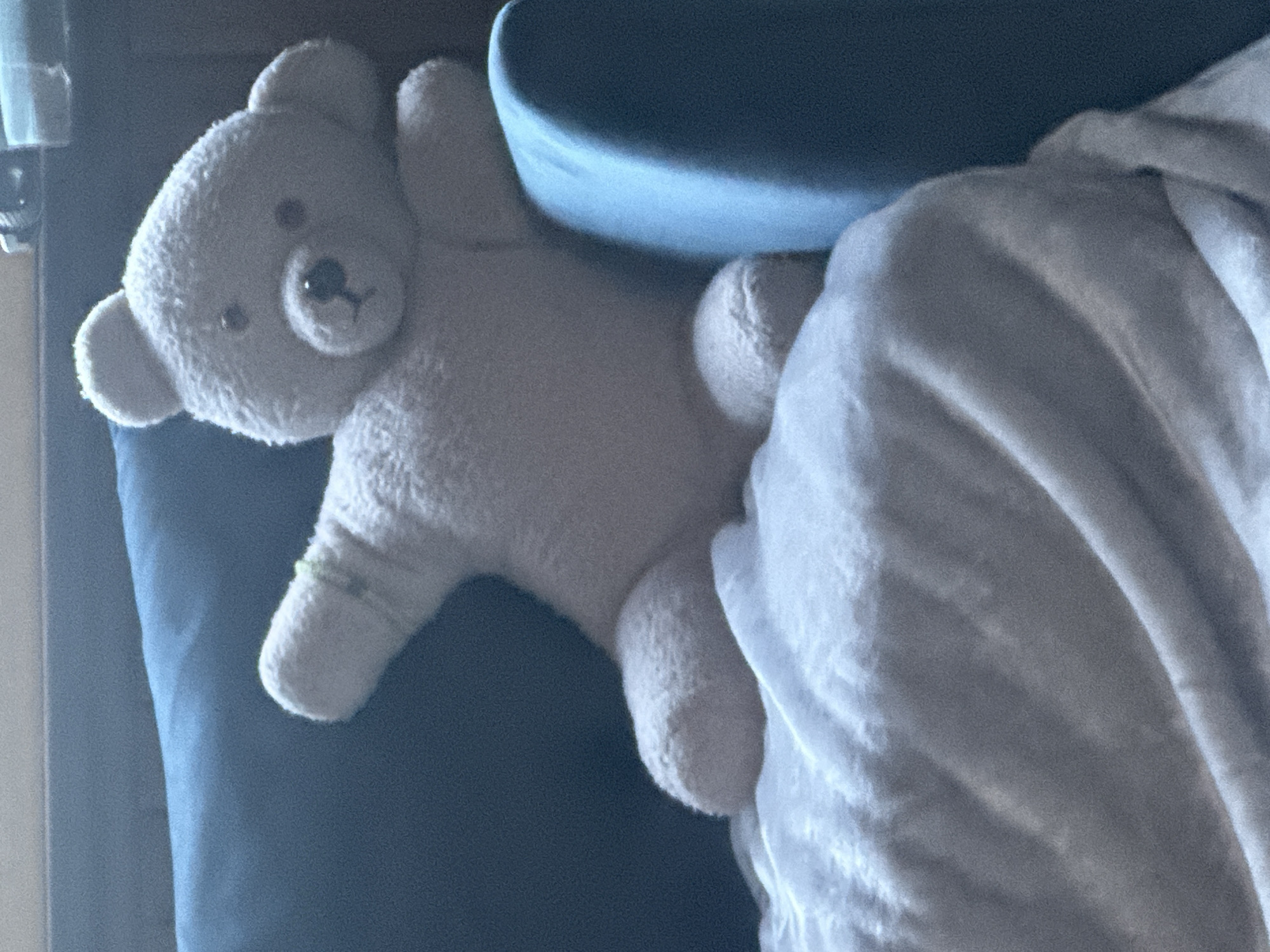 A light-colored teddy bear is sitting on a blue armchair covered with a white blanket. The teddy bear is facing towards the right of the image, with its head tilted slightly down. Its left arm is extended outwards, and its right arm is resting on its lap. The teddy bear has black button eyes and a black stitched nose and mouth. The background is blurred, but appears to be indoors, possibly a living room or bedroom. The image was taken in Thora, Australia.