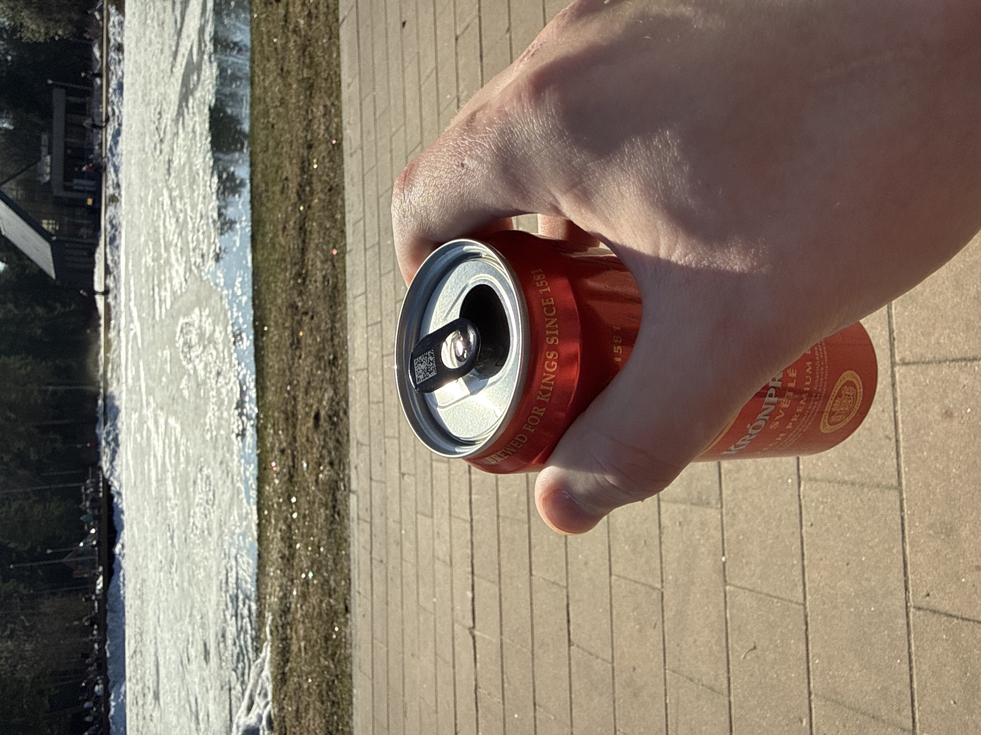 A hand holds a red Kronprinsens Premium beer can. The background shows a partly frozen body of water, grass, and a paved area. The location could be near a river or lake in an urban setting, potentially Moscow, Russia.