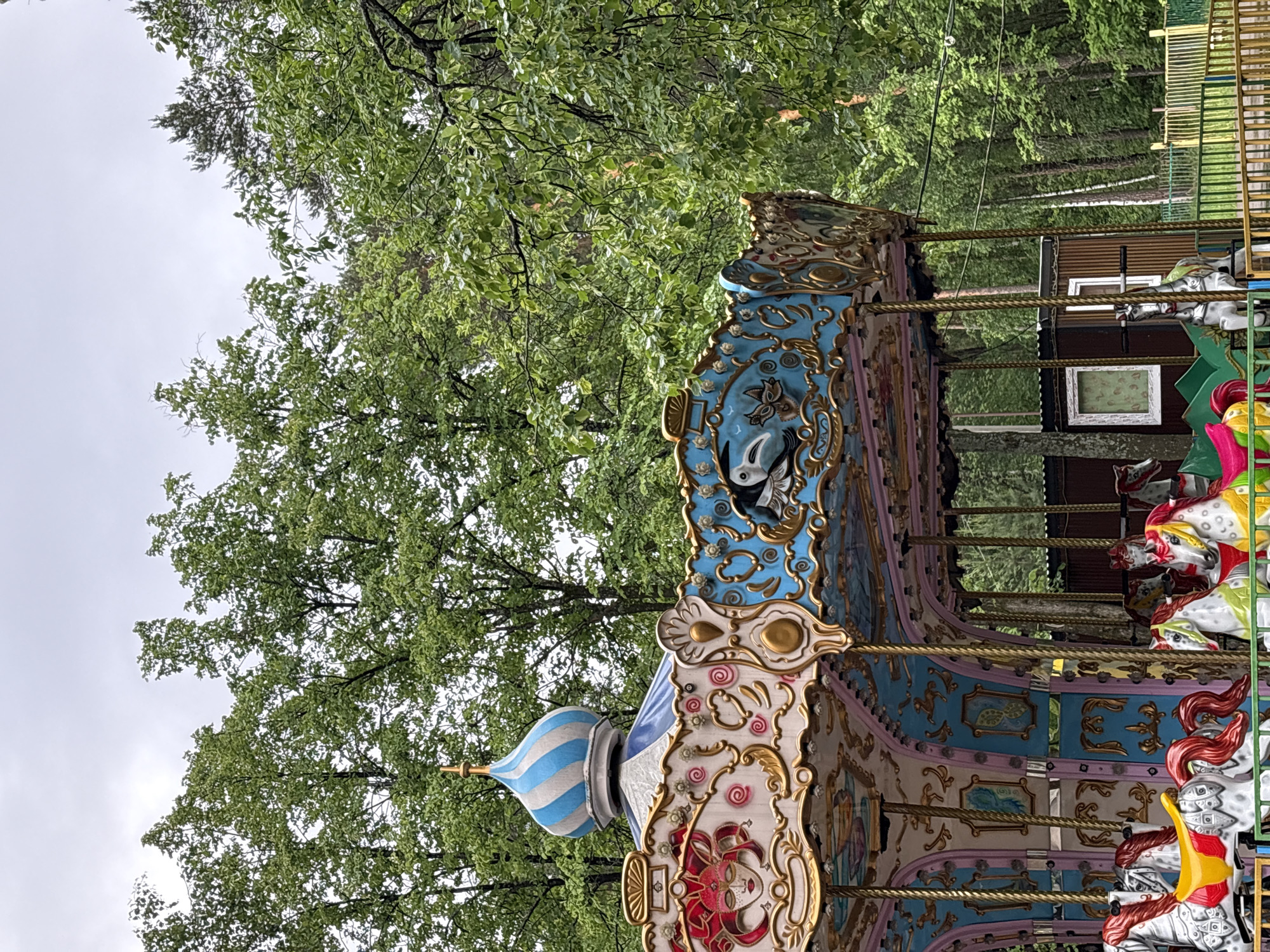 The image displays an unoccupied carousel set against a densely forested background in Perm, Russia, beneath an overcast sky. The carousel is topped with a distinctive blue and white striped domed finial, culminating in a golden spire. Its ornate upper frieze features detailed gold scrollwork on panels of pink, white, and light blue. Specific decorations include a stylized red-masked face on a pink panel and a white bird with black accents on a light blue section. Below the canopy, the carousel's interior supports are visible, adorned with golden, rope-like pillars. The ride itself features multiple carousel horses, primarily white or grey, with colorful manes, tails (red, yellow, green, pink), and brightly colored saddles. A low, multi-colored protective fence, composed of green and yellow bars, partially encircles the base of the carousel. The background is dominated by a thick canopy of vibrant green deciduous trees, with some darker evergreen trees present. Partially visible through the foliage is a small, dark brown utilitarian building with a white-framed window, likely a control booth or service structure. The sky is a uniform light grey, indicating an overcast condition. No people are present, and no actions are depicted.