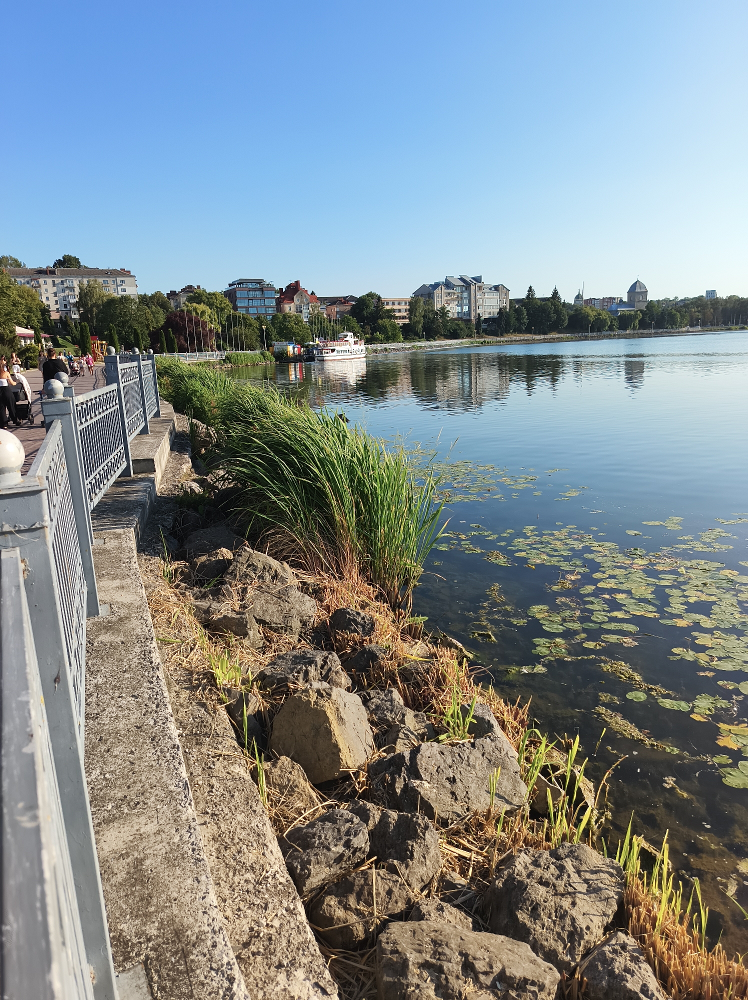 This image captures a scenic view of the Ternopil Pond in Ternopil, Ukraine, on a clear, sunny day. The foreground features a concrete embankment with large, rough stones and dry grass, bordered by a gray metal railing. Lush green reeds grow along the water's edge, interspersed with the stones.
The pond's surface is calm, reflecting the blue sky and the buildings on the opposite shore. Numerous lily pads dot the water, suggesting a serene natural environment. In the distance, a white tourist boat with colorful accents is visible.
Along the promenade behind the railing, several people are walking, including individuals with strollers, indicating a leisurely daytime activity. The background showcases a line of buildings and trees, forming the cityscape that borders the pond. The overall scene evokes a sense of tranquility and urban leisure, with the natural beauty of the pond contrasting with the architectural elements of the city.