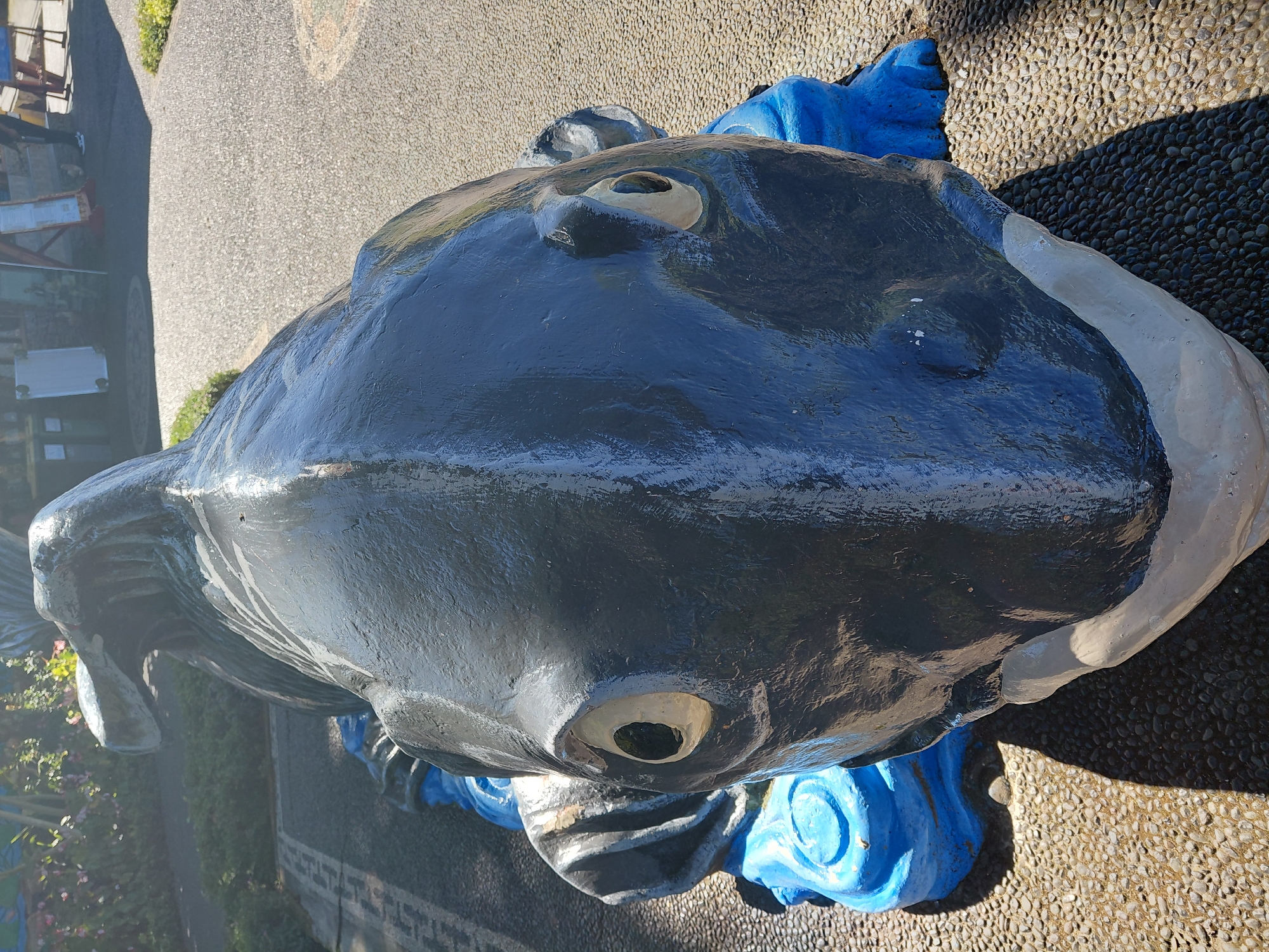 This is an eye-level, close-up shot of a dark gray, stylized fish sculpture with a light gray underside, positioned on a cobblestone ground. The sculpture is resting on blue, wave-like forms. The fish has two prominent, wide, light yellow eyes with dark pupils and a slightly open mouth. The sculpture is outdoors, with a blurred background showing foliage, a patterned walkway, and hints of buildings or stalls, suggesting it's in a public area. The lighting indicates it is daytime, with strong shadows cast by the sculpture. This sculpture is located at the Bali Butterfly Park in Baturiti, Indonesia, a popular tourist destination.