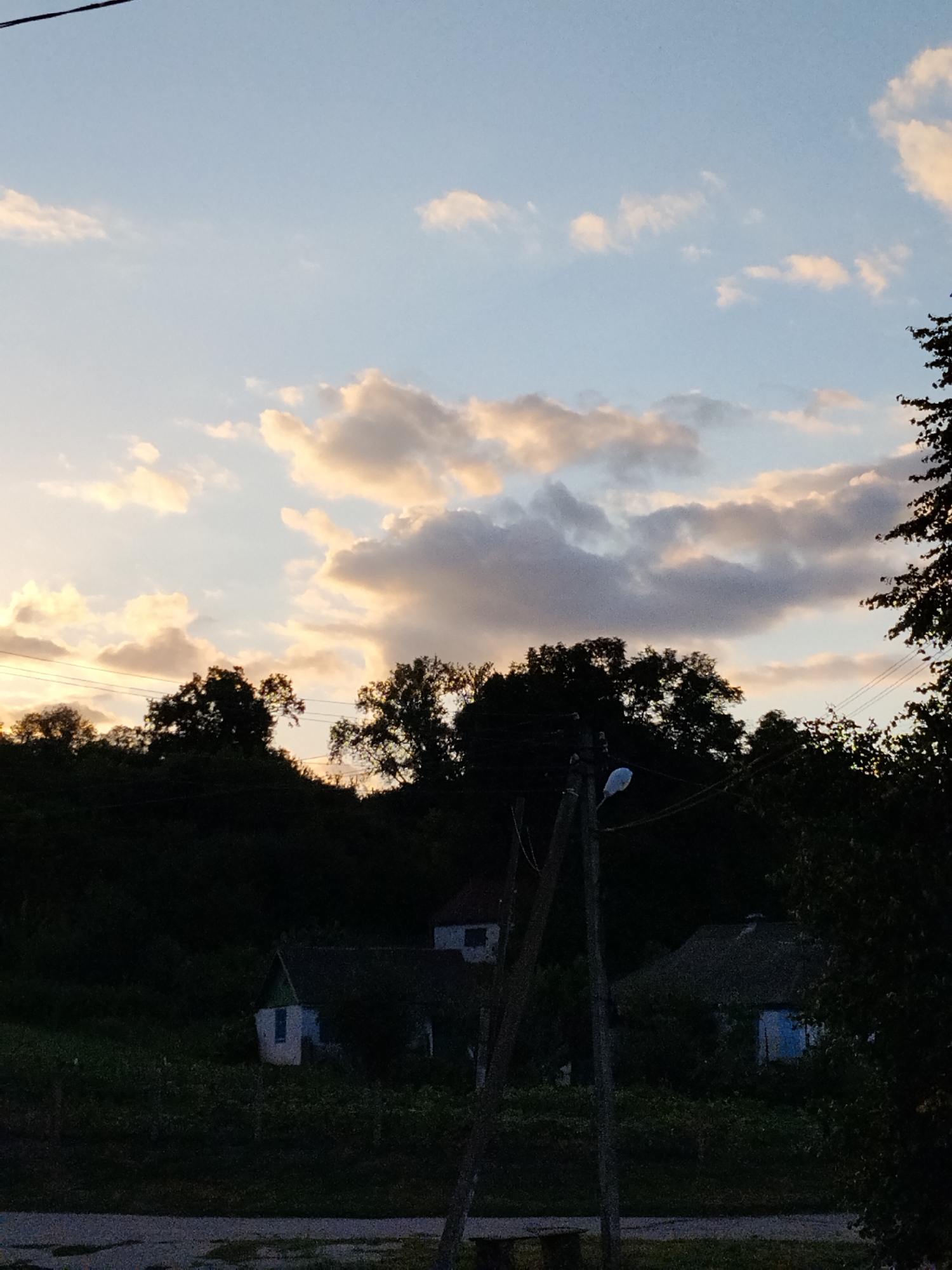 The image depicts a rural landscape at dusk, with a view of houses, trees, and a utility pole against a cloudy sky. The houses appear to be small, single-story structures with dark roofs. One house on the left has a light-colored facade with a dark triangular roof and a blue window. Another house on the right is mostly obscured by trees and foliage. A wooden utility pole with electrical wires and a lamppost is visible in the foreground. The trees are dense and dark, suggesting a wooded area. The sky is a pale blue with scattered clouds, some of which are illuminated by the setting sun, creating a warm glow. The overall impression is one of a quiet, serene evening in a village setting.