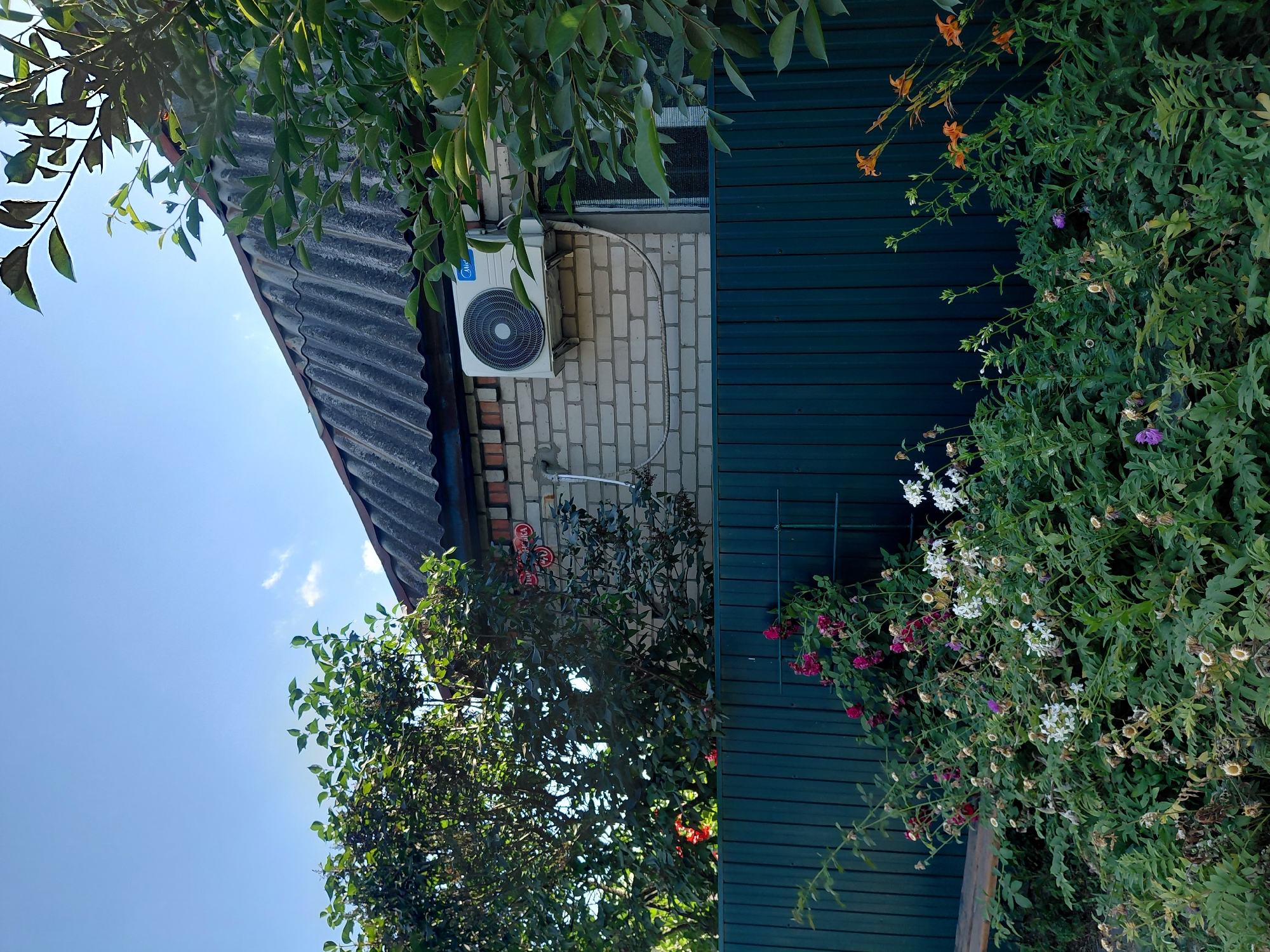 This is a medium shot, taken in portrait orientation, of the exterior of a house. The roof of the house is covered in corrugated metal, and there is an air conditioning unit mounted on the brick wall of the house. The wall is made of light-colored bricks, and there is dark green siding on the right side of the house. Lush green foliage and flowers, including some orange, pink, and white blooms, cover the area to the right of the house and hang over the siding. The sky is a clear blue with a few wisps of white clouds. The image appears to be taken on a sunny day. There is some text visible on the air conditioning unit, which appears to be a logo. The overall impression is one of a natural, overgrown outdoor setting near a dwelling.