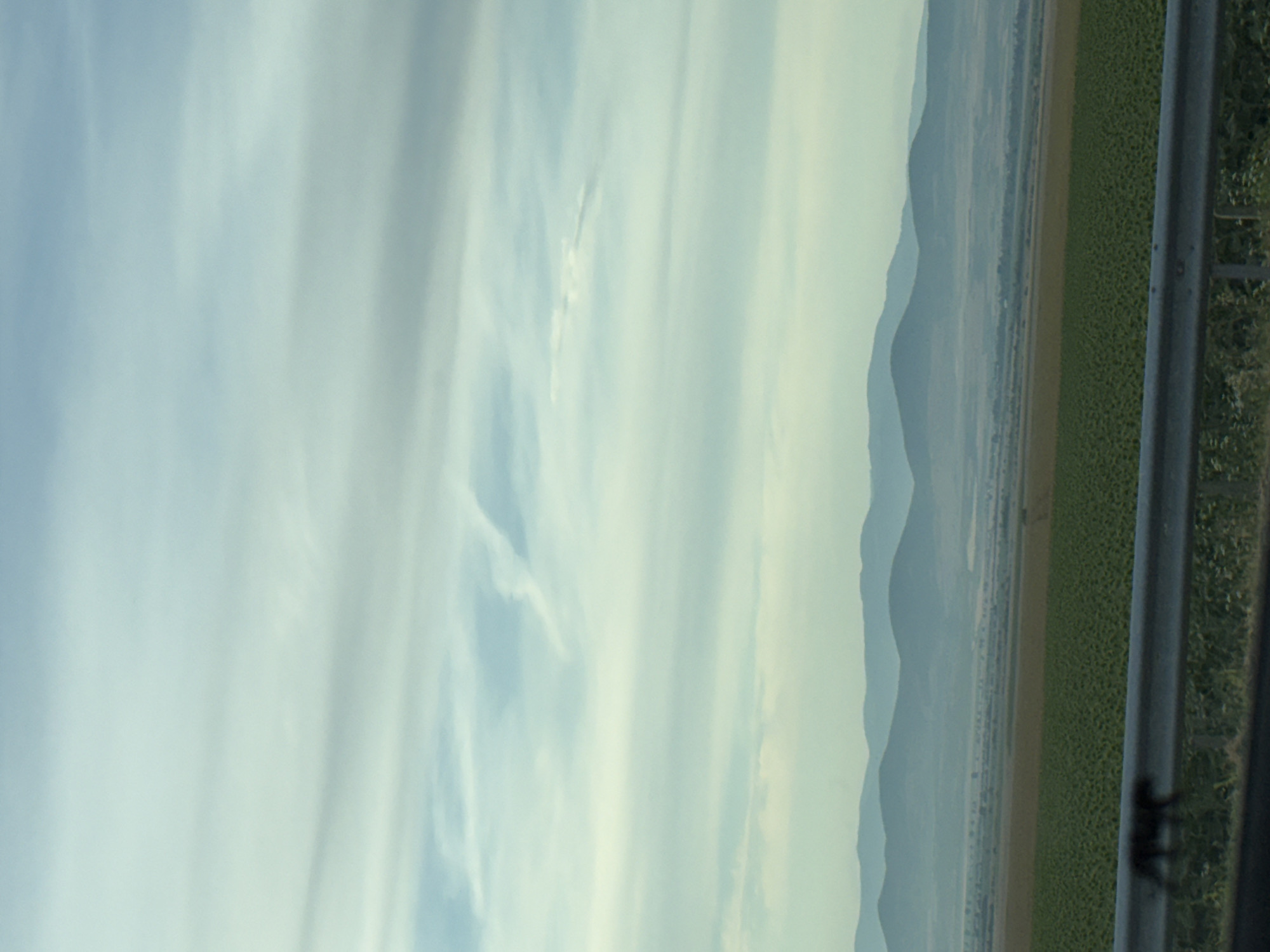 This is a photograph of a rural landscape taken from a moving vehicle. The image is oriented vertically, with the sky dominating the left half and the ground on the right. Wispy, light-colored clouds stretch across a pale blue sky. In the distance, a range of hazy, blue-toned mountains forms the horizon. Below the mountains, a patchwork of fields is visible, with a large area of bright green crops in the foreground on the right. A dark, metallic guardrail runs along the right edge of the frame, obscuring part of the fields and the very edge of the sky. A small, dark silhouette, possibly a person or an animal, is visible clinging to the guardrail. The overall impression is one of a vast, open landscape under a bright, possibly early morning or late afternoon sky, given the soft light. There is no visible text in the image.