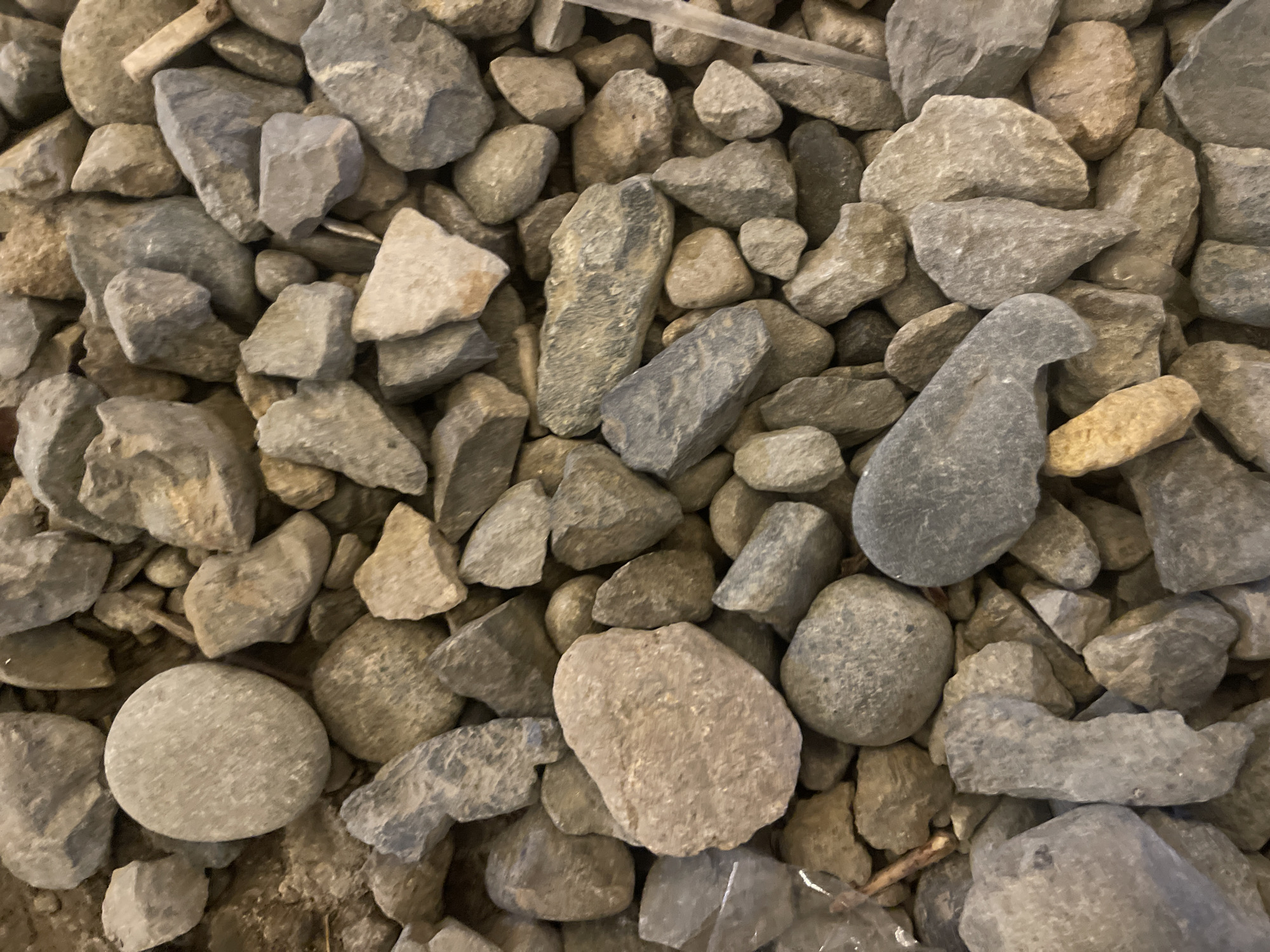 This is a close-up, overhead shot of a collection of rocks. The rocks vary in size, shape, and color, ranging from small pebbles to larger, irregular stones. The dominant colors are shades of gray, brown, and tan, with some stones exhibiting a bluish hue. Many of the rocks have rough, jagged surfaces, while others are smoother and more rounded. A few pieces of what appear to be dried plant matter are interspersed among the stones. The overall impression is a natural, textured surface composed entirely of rocks. There is no visible text, people, or any indication of a specific time of day or weather conditions. The context of Pulokiton, Indonesia, suggests this could be a natural landscape or a construction material.