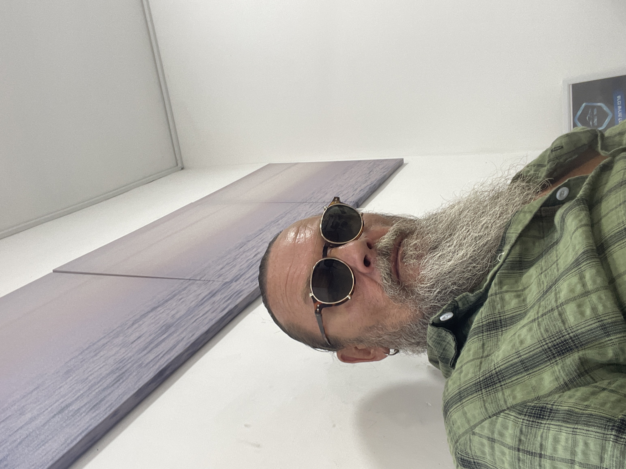 A man with a long grey beard and ponytail is seated indoors, facing the camera. He is wearing round, brown-rimmed sunglasses and a green plaid shirt. Behind him, a large panoramic artwork depicting a serene seascape hangs on a white wall. The artwork is divided into two panels, with a slight gap between them. In the lower right corner of the image, a framed sign with Hebrew text is visible on the wall. The lighting suggests the scene is well-lit, possibly by natural or artificial sources. The overall environment appears to be a clean, indoor space.
