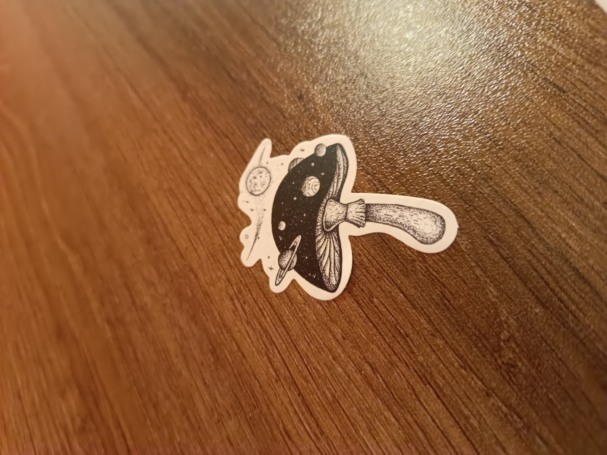 The image displays a black and white sticker resting on a brown wooden surface in Pchelarovo, Bulgaria. The sticker features an artistic rendering of a mushroom with a celestial theme. The mushroom's cap is depicted in dark tones, filled with white dots resembling stars, and contains multiple circular shapes that appear to be planets or moons, some with craters or rings. To the left of the mushroom cap, there's a smaller, crescent-shaped object, possibly a moon or another celestial body, emitting faint lines suggesting light or motion. The mushroom stem is lighter in color, textured with fine lines, possibly representing gills or cross-hatching. The sticker has a clean white border around its intricate design.

The wooden surface beneath the sticker exhibits a distinct grain pattern, running diagonally from the top left to the bottom right. There are reflections on the wood, indicating a smooth, possibly varnished finish and suggesting an indoor setting with a light source, likely from above or to the left, creating a slight glare. There is no discernible activity taking place, as the image focuses on the static object. No text is visible on the sticker or the surrounding surface. The overall impression is a close-up, angled shot of a unique, space-themed mushroom sticker.