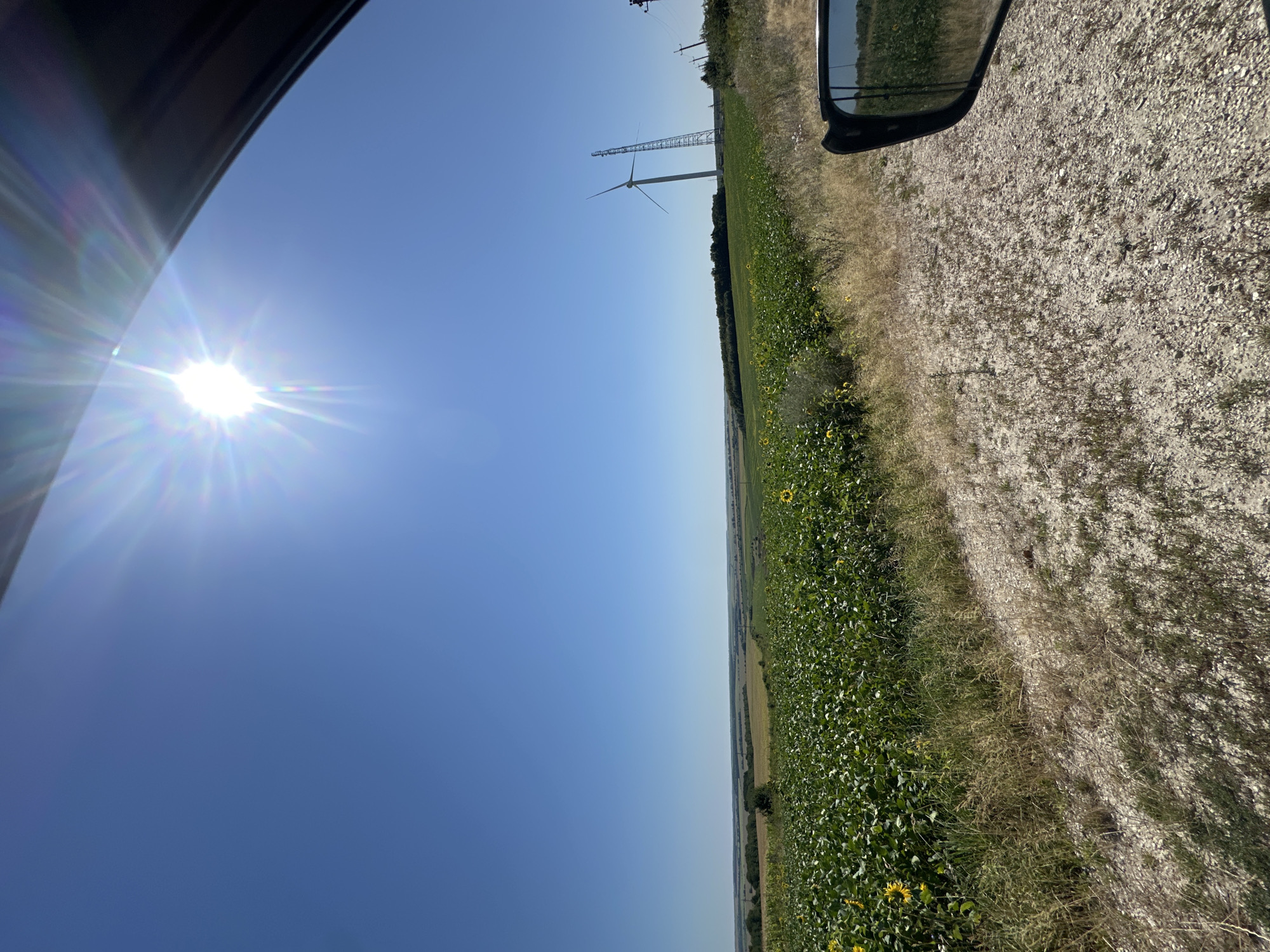This is a wide shot of a sunflower field in Korchivka, Ukraine, on a clear, sunny day. The sun is bright and high in the sky, causing lens flare. A wind turbine is visible in the distance to the right, along with a transmission tower. The foreground is a dirt road with dry grass. A car's side mirror is visible in the lower right corner, reflecting the field and the sky. The overall scene is rural and peaceful, with a focus on the natural landscape and agricultural elements.