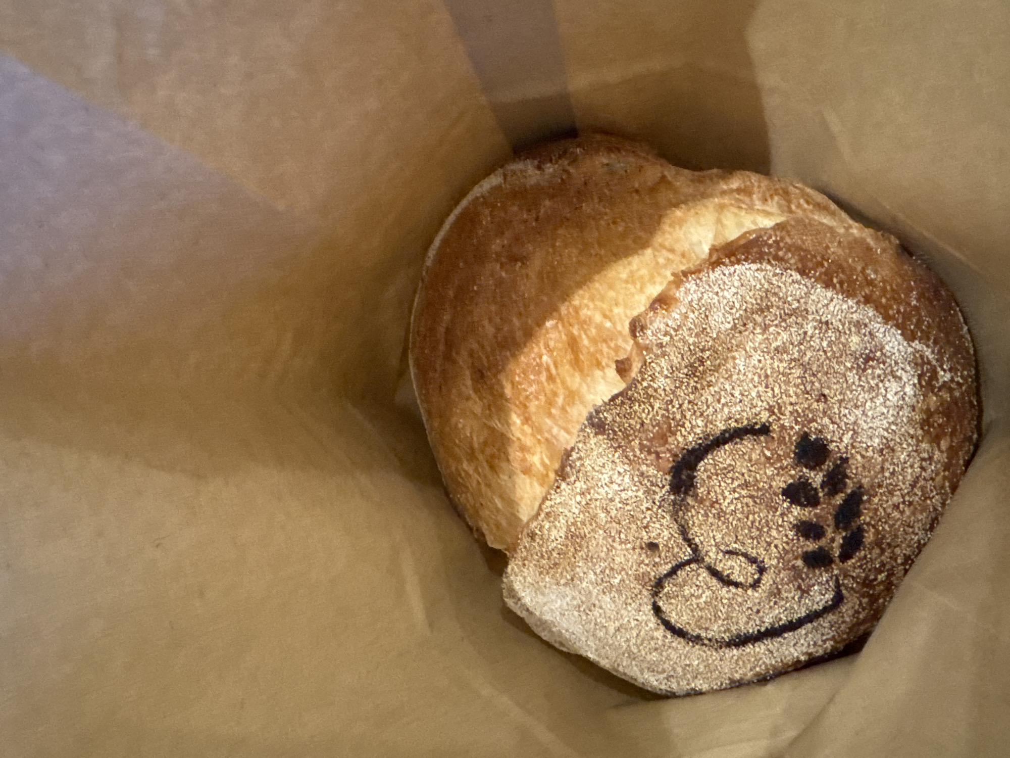 A close-up shot shows two round loaves of bread inside a light brown paper bag. The bread on the left has a golden-brown, slightly uneven crust. The loaf on the right, which is partially obscured by the first, has a darker, more textured crust dusted with what appears to be flour. A black charcoal-like drawing is visible on the crust of the right loaf, depicting what looks like a stylized ear of wheat. The lighting suggests it might be daytime, with a strong light source creating a shadow diagonally across the paper bag on the left side of the frame. The overall impression is of fresh bread, possibly just purchased from a bakery. There is no visible text in the image.