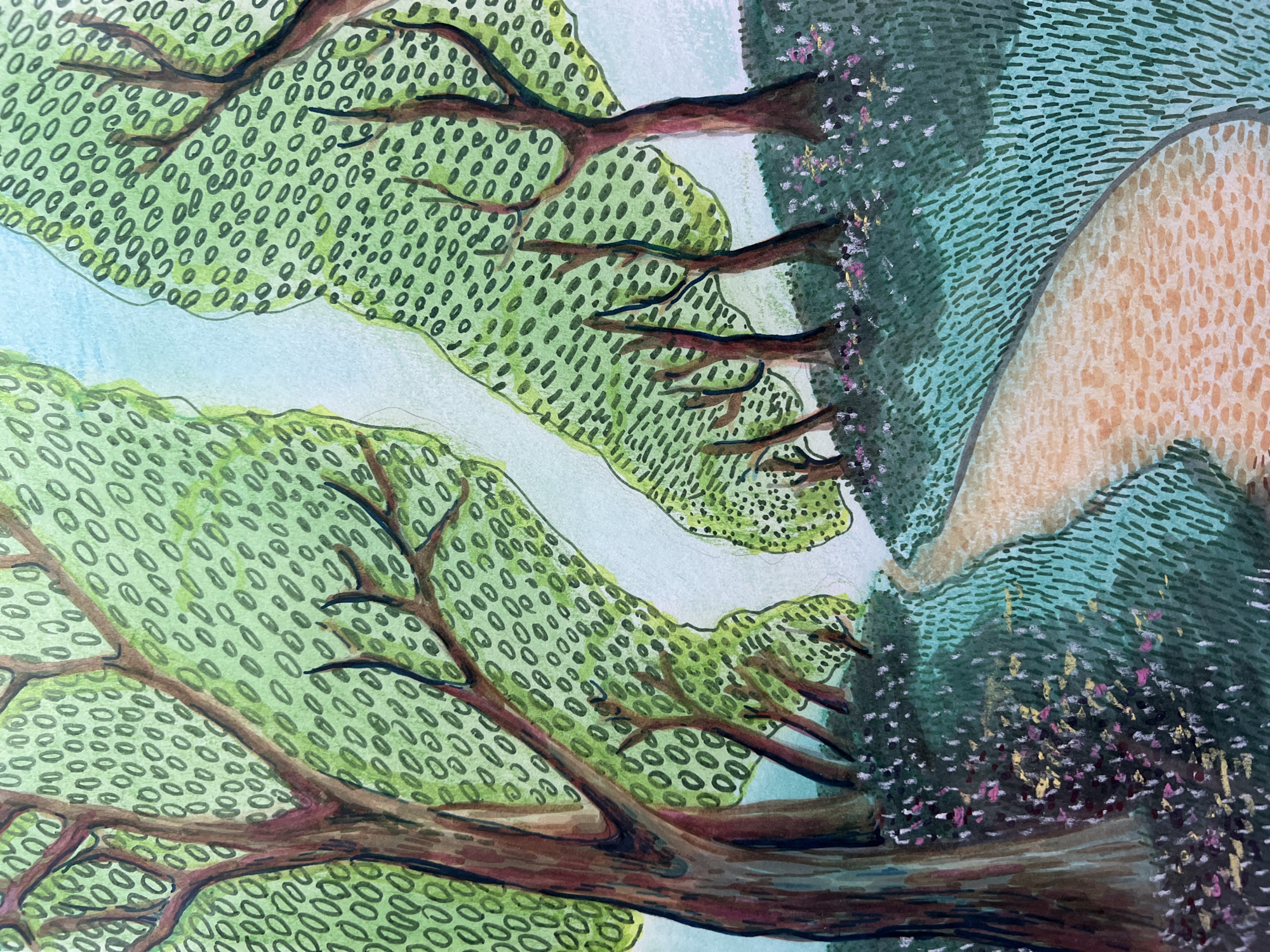 This is a watercolor painting that depicts a lush, vibrant forest scene. The foreground is dominated by the gnarled, brown branches of a large tree, with its green, textured foliage filling much of the frame. The leaves are rendered as many small, oval shapes with darker outlines, creating a dappled effect. The branches extend upwards and across the painting, suggesting a dense canopy.
In the mid-ground and background, more trees and foliage are visible. Some areas of greenery are lighter, suggesting sunlight filtering through. To the right of the image, there's a prominent, rounded hill or landmass rendered in a light, peachy-orange color, textured with small dots. This is bordered by dark green foliage that is also textured, this time with short, horizontal lines. Scattered within this darker greenery are small clusters of pink and white flowers, with occasional touches of yellow. The background sky is a soft, pale blue.
The style is illustrative, with bold outlines and a somewhat stylized representation of nature. The overall impression is one of abundance and the peacefulness of a natural environment. There is no visible text in the image. The time of day and weather are not explicitly indicated, but the bright colors and dappled light suggest a pleasant, possibly sunny day. The location is an outdoor natural setting.