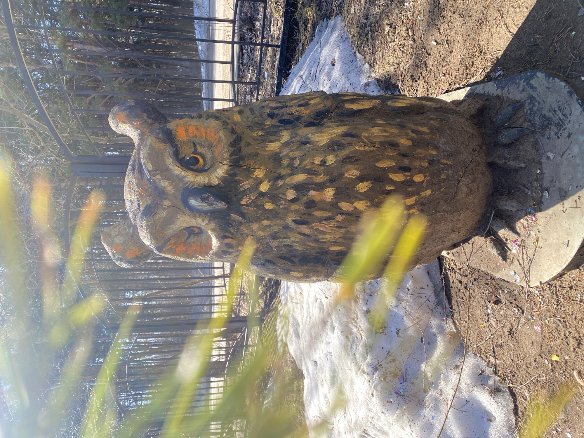 A painted owl sculpture sits on a concrete base in an outdoor setting. The owl is predominantly brown with black and gold details. It has large, orange eyes and a distinctive beak. The sculpture is positioned near a black metal fence and a forest. Patches of snow are visible on the ground, mixed with dirt and debris. The image appears to have been taken in the city of Chaikovsky, Russia.