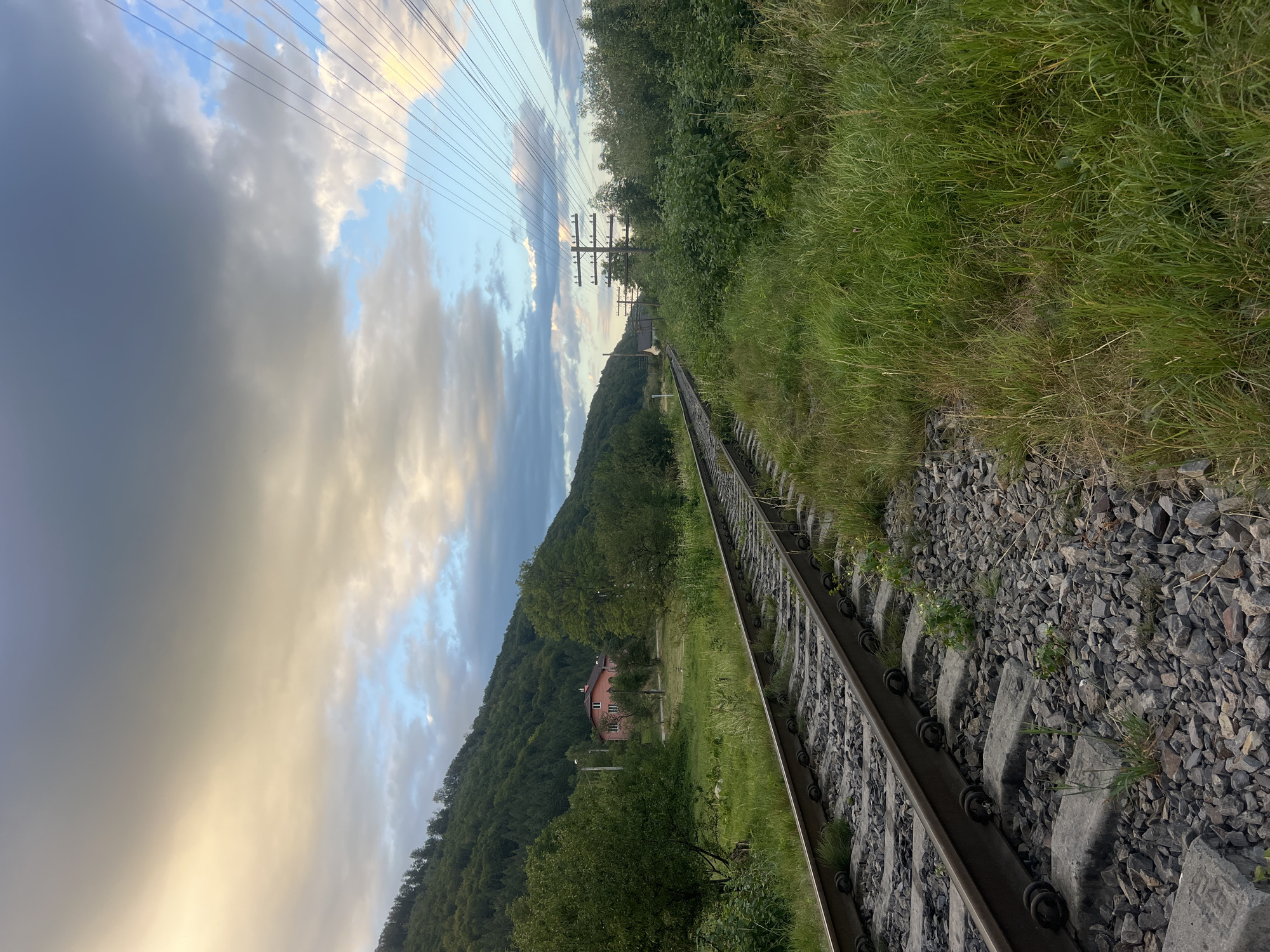The image depicts a railway track curving through a grassy landscape, with a forested hill rising in the background. A pink house is visible nestled amongst the trees on the hillside. Telephone poles with numerous wires run parallel to the tracks on the right side of the frame. The sky is dramatic with a mix of dark clouds and patches of bright sunlight. The scene appears to be set in a rural or semi-rural area, possibly Yaremche, Ukraine, given the topography and vegetation. There are no people or animals visible in the image. The overall impression is one of a natural landscape with man-made infrastructure.