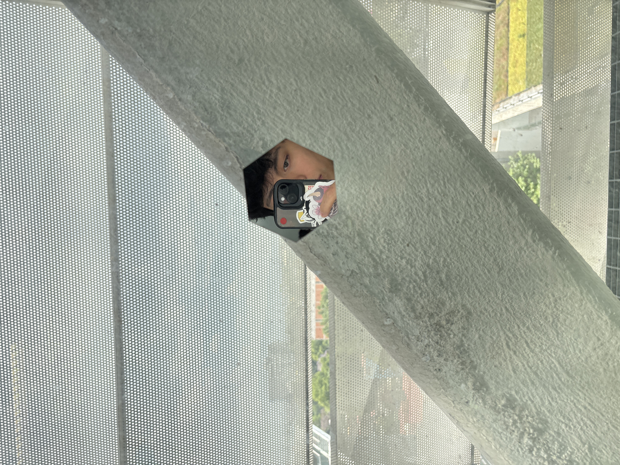 A person, presumably taking a selfie with an iPhone in a phone case decorated with stickers, is partially visible through an opening in a thick, grey, hexagonal-shaped metal support beam. The background consists of a perforated metal screen and glimpses of greenery and buildings. The location is likely in Mexico City, Mexico.