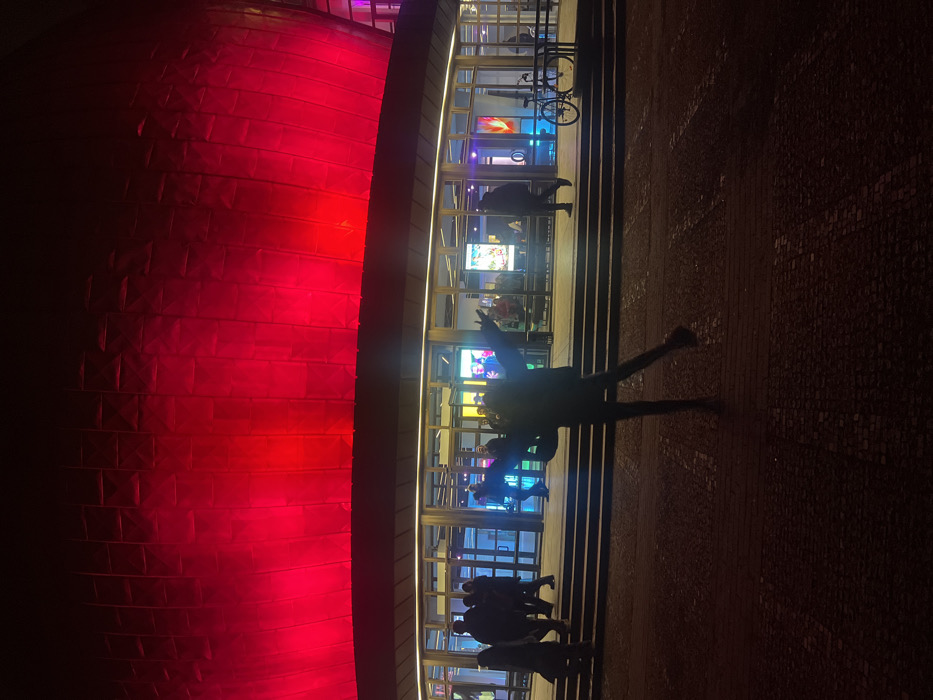 The image captures an exterior nighttime scene at the Velodrom in Berlin, Germany. The dominant feature is the building's upper facade, which is a large, curved, metallic structure intensely illuminated in bright red light. Below this, the building transitions to a glass-fronted lower section featuring multiple entrance doors, through which internal lights and colorful display screens are visible. A wide, dark staircase leads from the foreground pavement up to these entrances.
In the immediate foreground, a single human figure stands centrally, silhouetted against the building's light. This individual is posed with arms outstretched horizontally and the right leg slightly lifted, facing away from the camera and towards the building. Several other human figures are observed on the steps leading to the building and within the glass-enclosed lobby, appearing as dark, indistinct shapes moving or standing. To the right side of the building's entrance area, a bicycle is parked upright against a dark railing. The ground in the foreground consists of dark, paved material, possibly cobblestones. The ambient lighting is dark, with illumination primarily emanating from the building's red facade and internal lights.